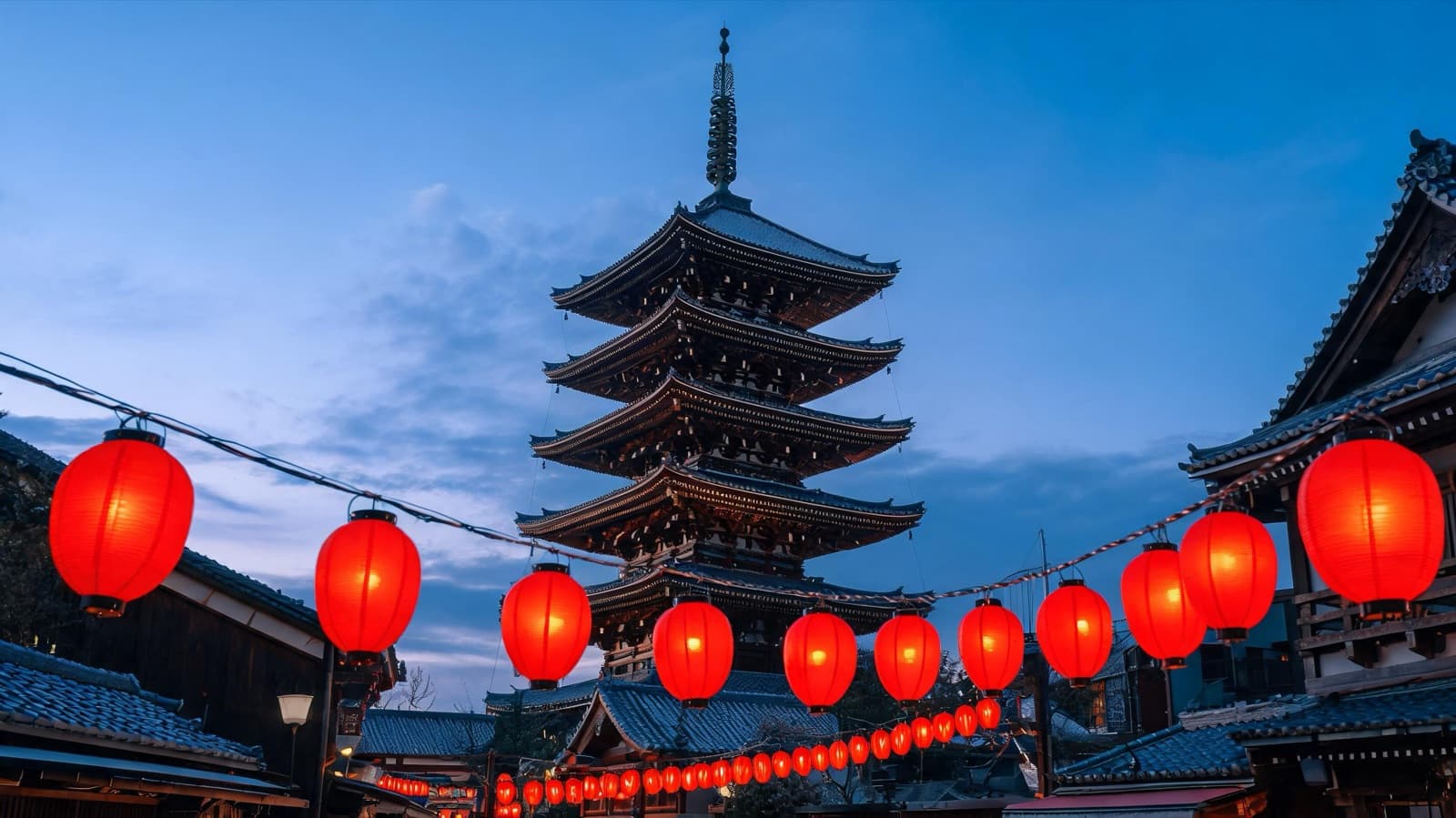 Senso-ji temple pagoda in Asakusa, Tokyo at blue hour with lanterns glowing