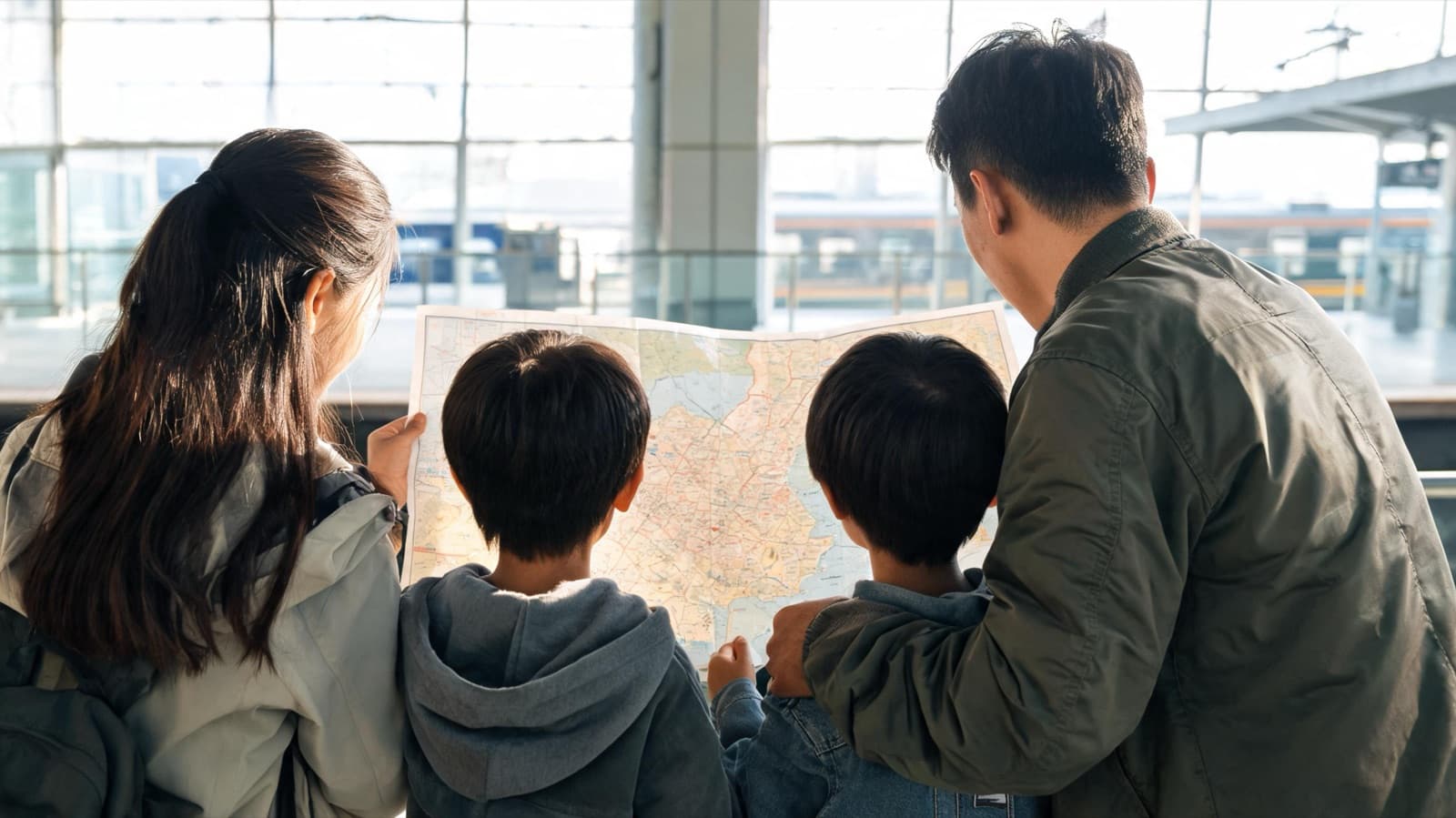 Parents and two children looking at a big paper map together at a train station, seen from behind