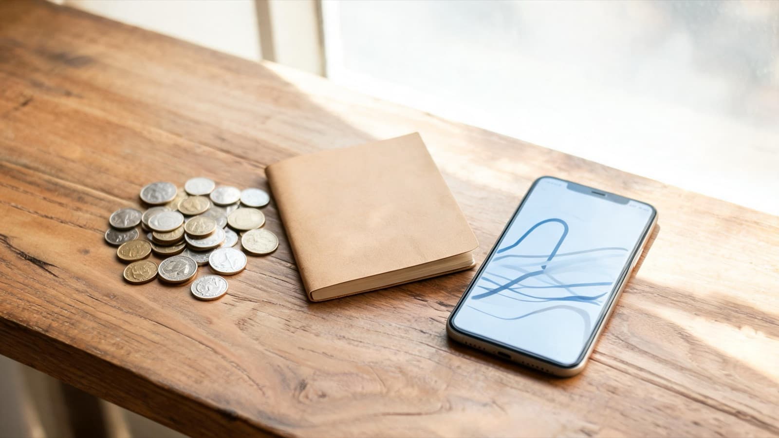 Coins, a small notebook and a phone with an abstract chart on a wooden table