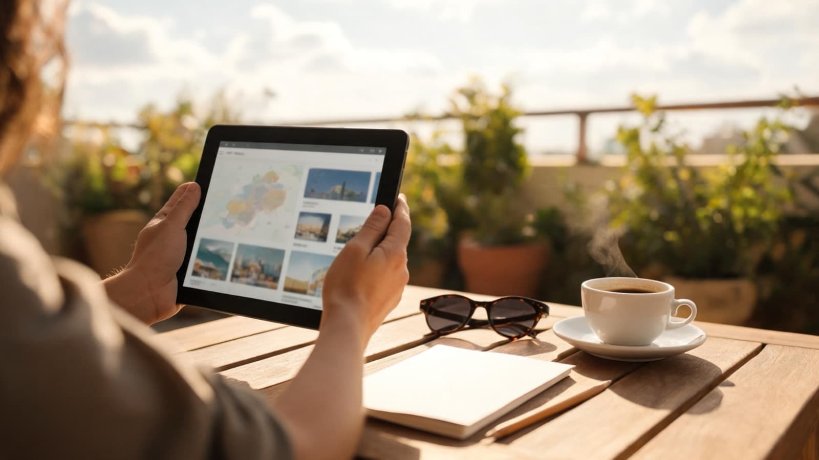 Hands holding a tablet with a blurred travel guide layout on a sunny terrace table, beside sunglasses, a blank booklet, a pencil and an espresso
