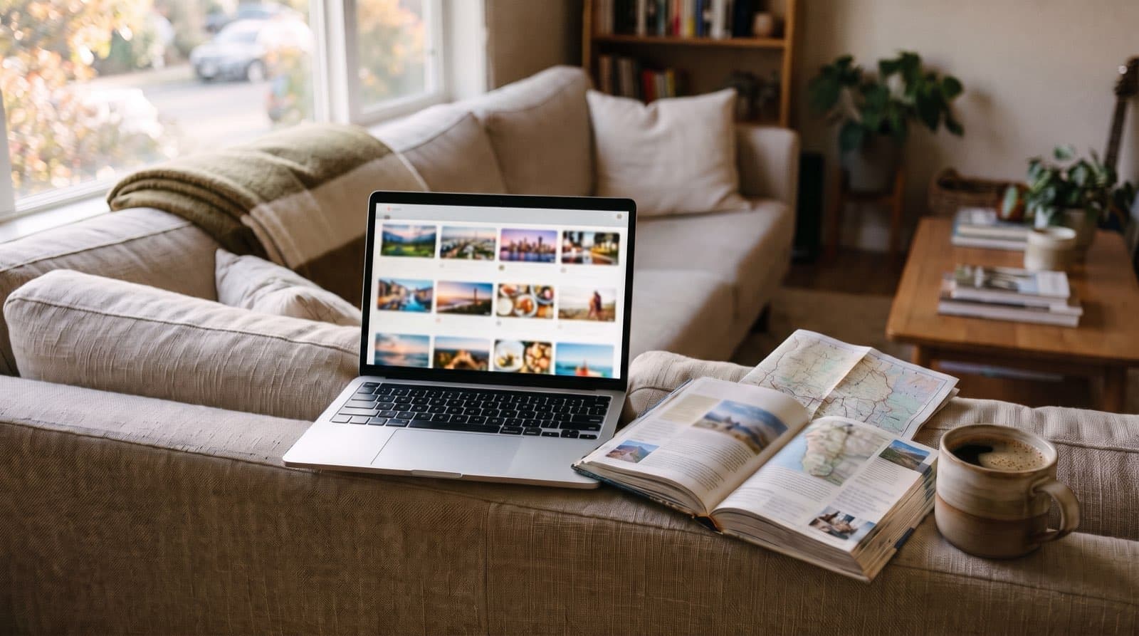 Laptop on a sofa armrest showing a blurred grid of video thumbnails, next to an open travel guidebook and a mug of coffee in warm afternoon light