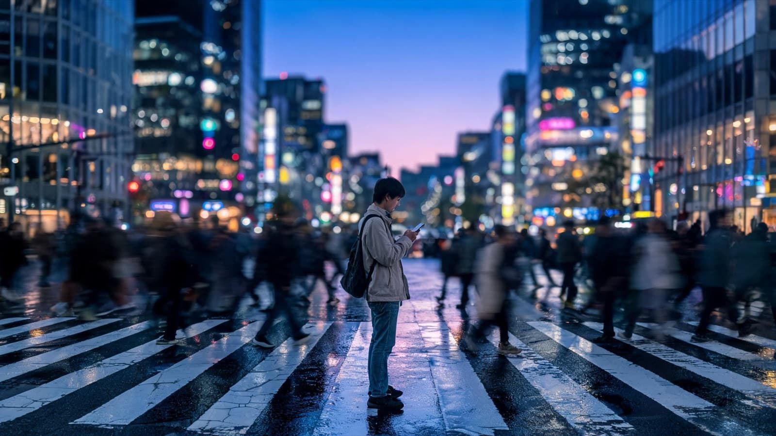 Traveler standing at a busy Tokyo crosswalk at dusk holding a phone, with motion blur and neon reflections