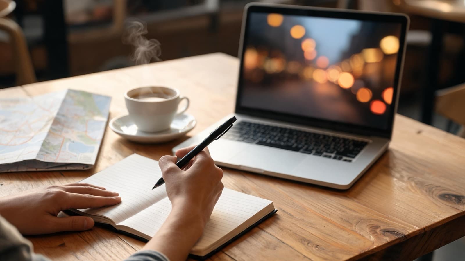 Hands writing in an open notebook on a wooden cafe table beside a laptop showing a blurred city street at dusk, a coffee cup and a folded map