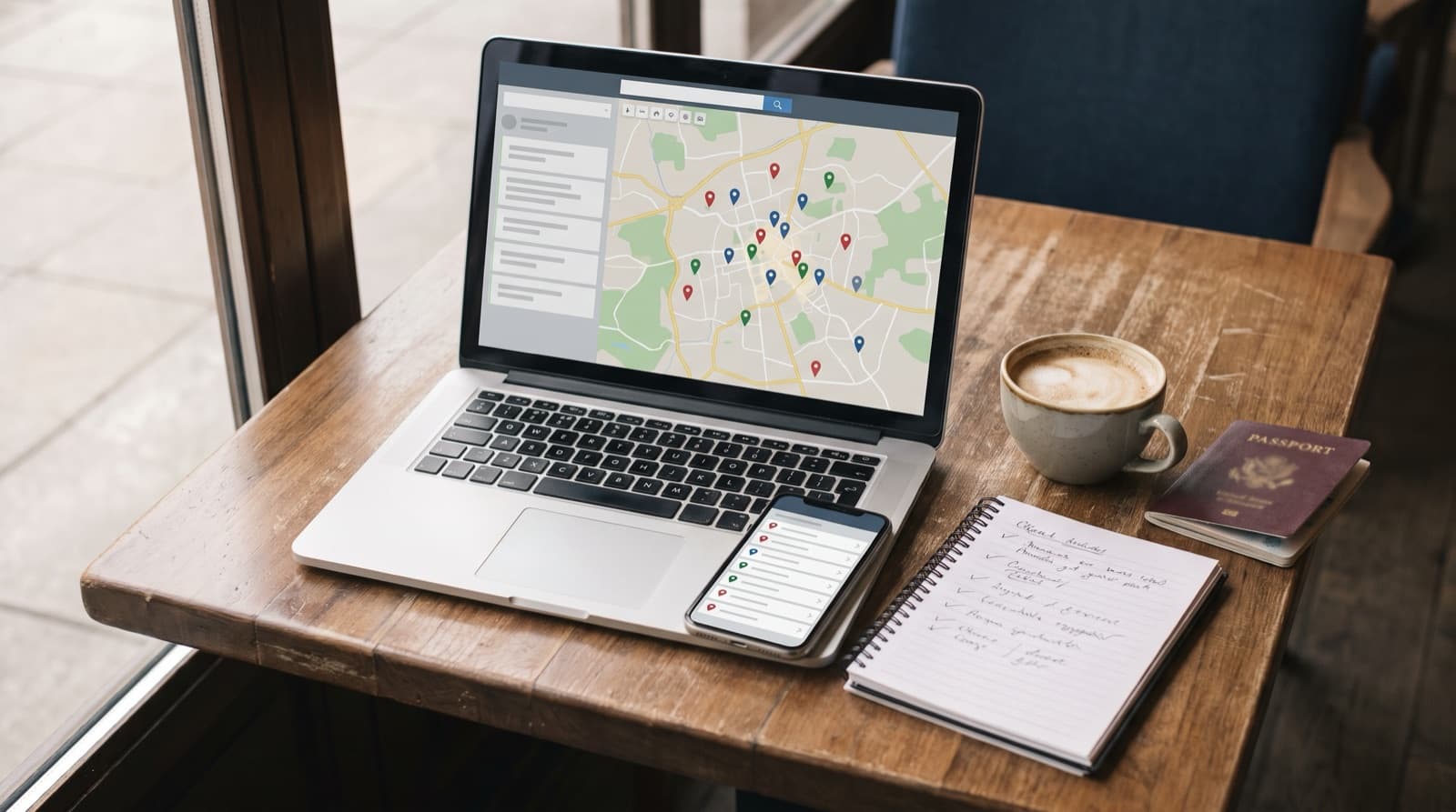 Café table with a laptop showing a map with colored pins, a phone with a list of places, a handwritten checklist, coffee and a passport