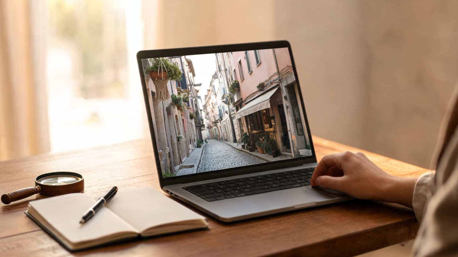 Laptop on a wooden desk showing a paused frame of a narrow old-town street with a café, beside an open notebook, a pen and a magnifying glass