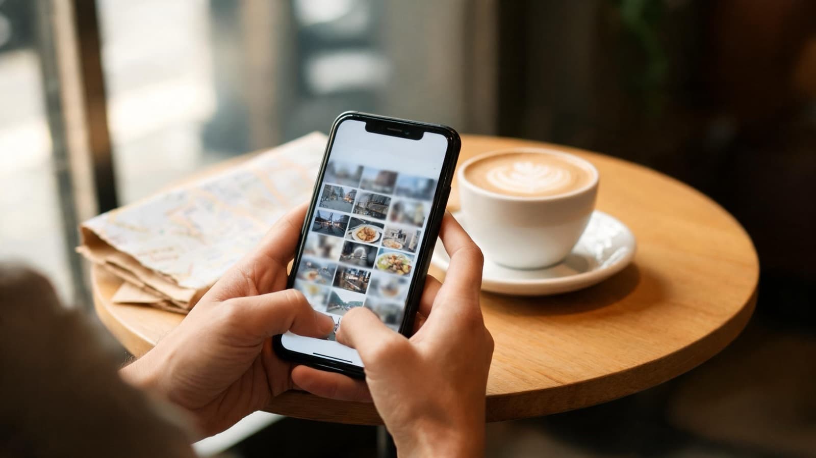 Hands holding a phone with a blurred grid of photo thumbnails above a café table with a latte and a folded paper map
