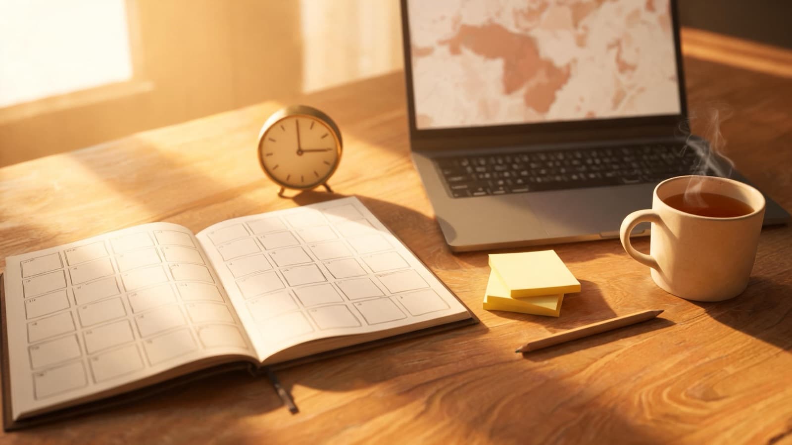 Wooden desk in golden light with an open planner of blank boxes, a small brass clock, a laptop showing a blurred map, sticky notes, a pencil and a mug of tea