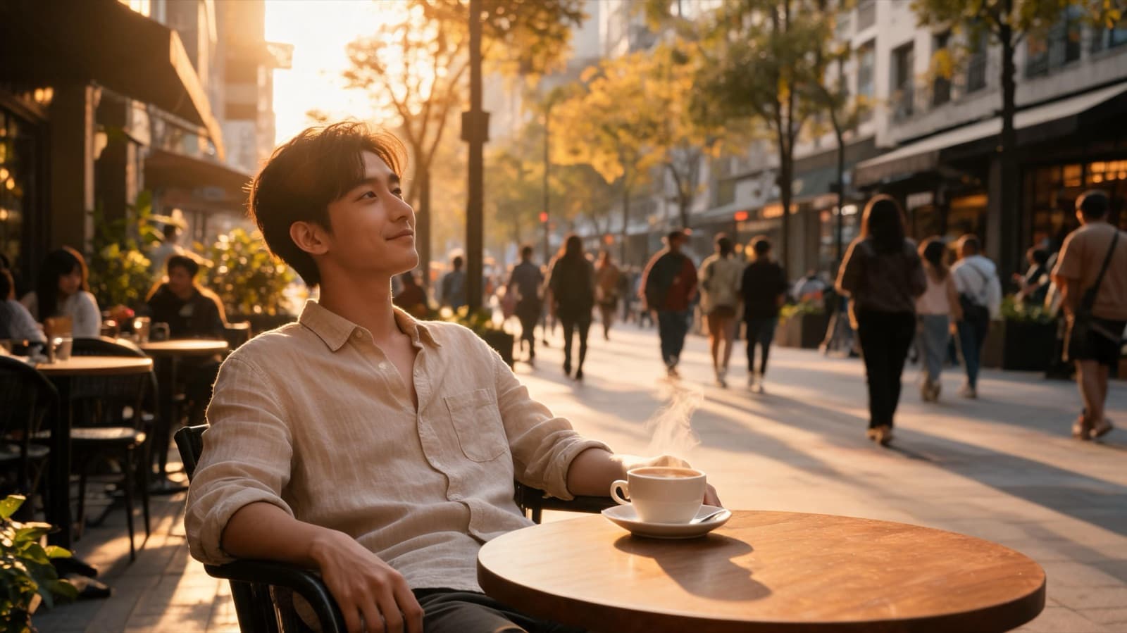 Relaxed traveler sitting at a sidewalk cafe table with a coffee, watching a lively street at golden hour