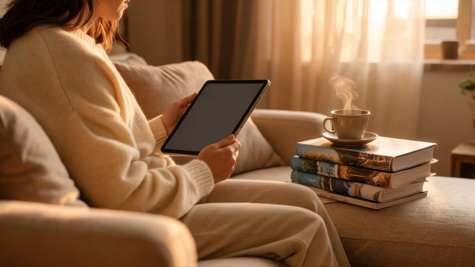 Person on a sofa holding a tablet with a cup of tea, travel guidebooks stacked nearby, cozy evening light