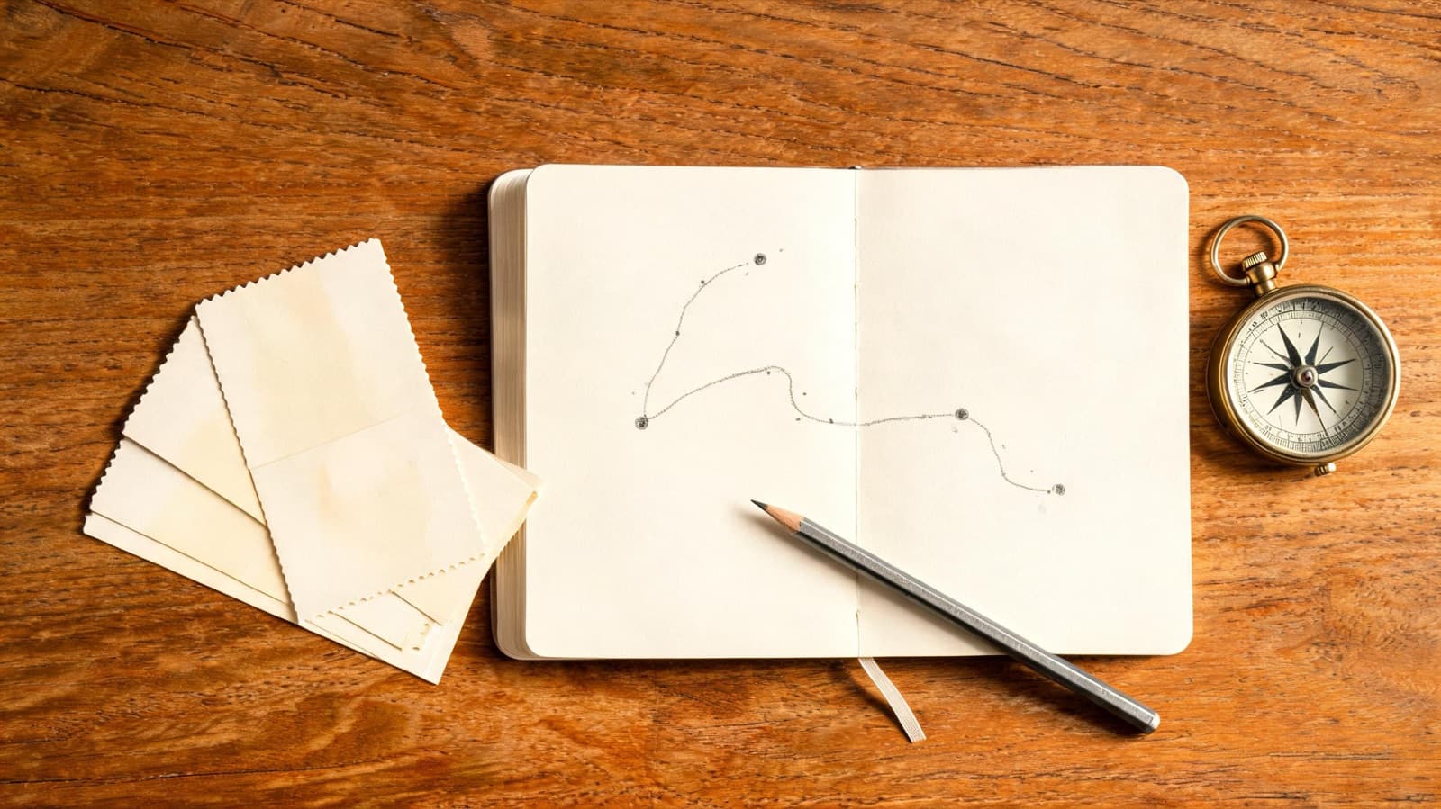 Notebook with a hand-drawn route between cities, a pencil, train tickets and a compass on a wooden table, top-down