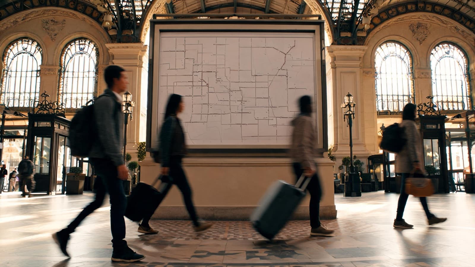 Rail map board at a European train station with travelers walking past in motion blur