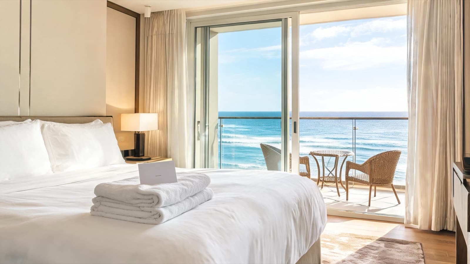 Boutique hotel room with a sea-view balcony, folded towels on the bed and a welcome card