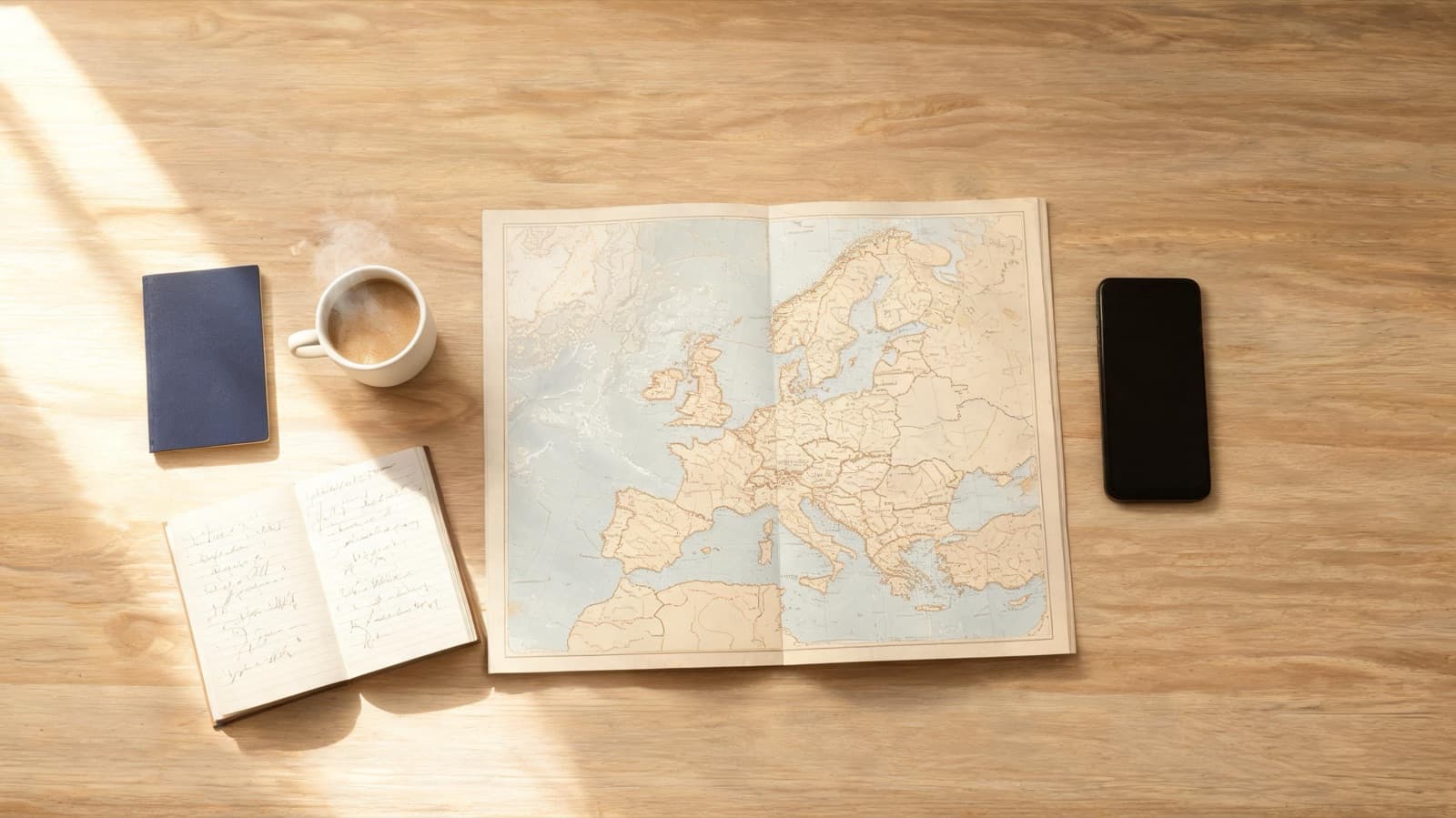 Wooden desk from above with a paper map, a face-down phone, a notebook day plan, a passport and a coffee cup