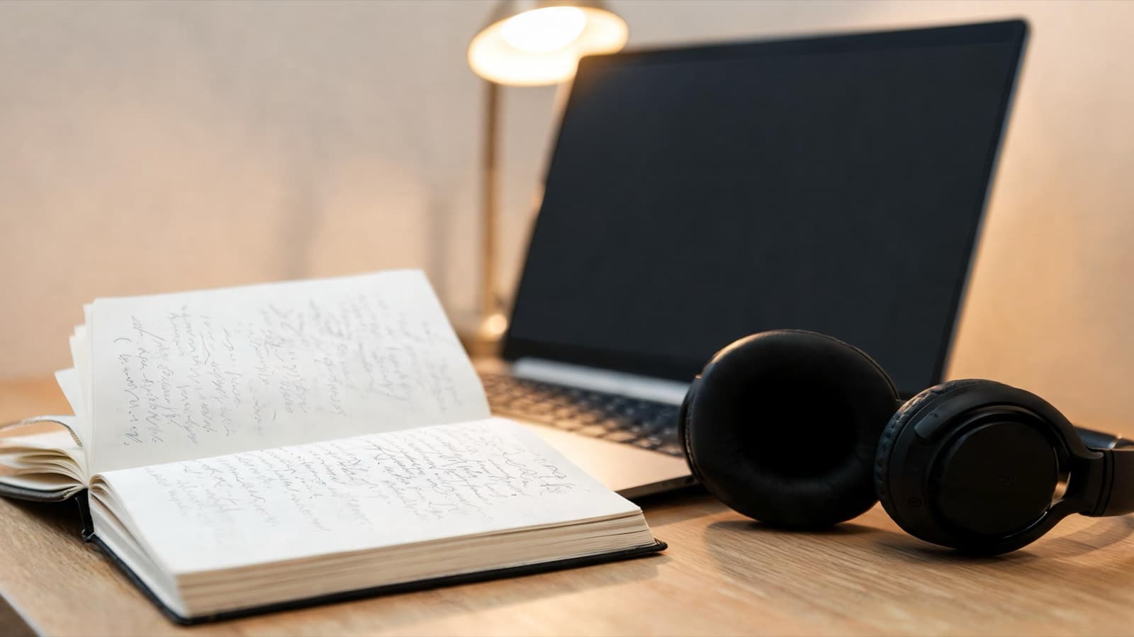 Close-up of a notebook with handwritten timestamps and place names next to a laptop and headphones, desk lamp light