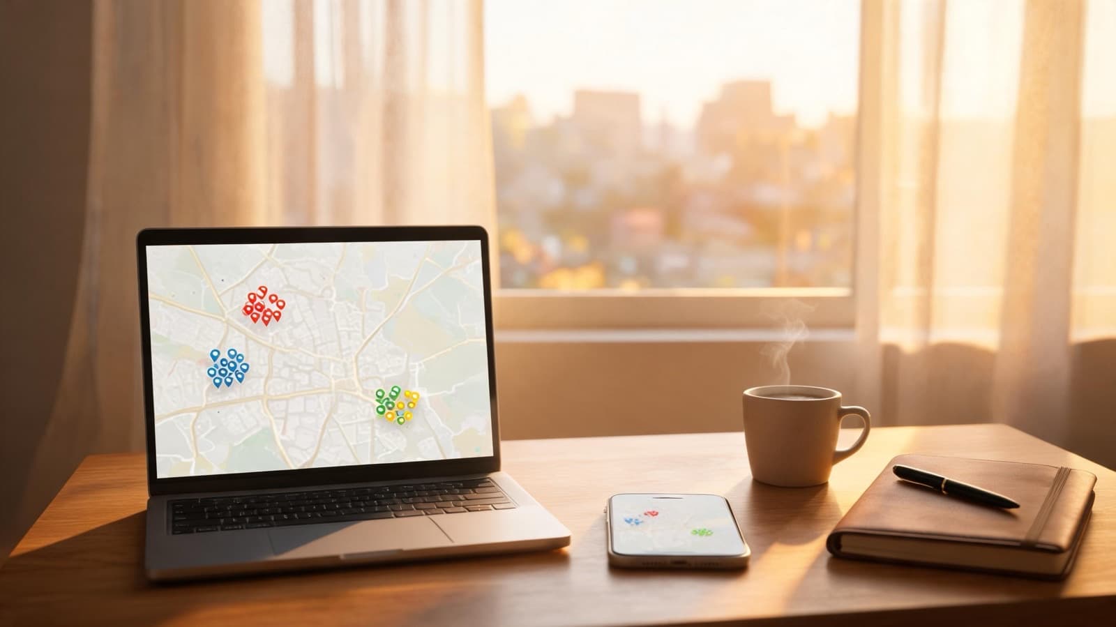 Laptop on a wooden desk showing a blurred map with colored pins, beside a phone, a coffee cup and a notebook