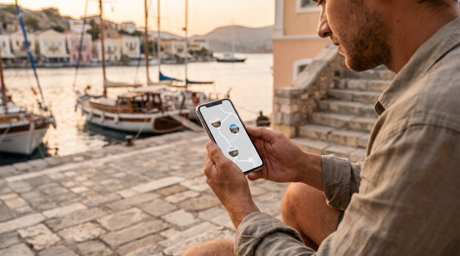 Man on a harbor quay at golden hour, looking at a phone that shows a map with three photo pins