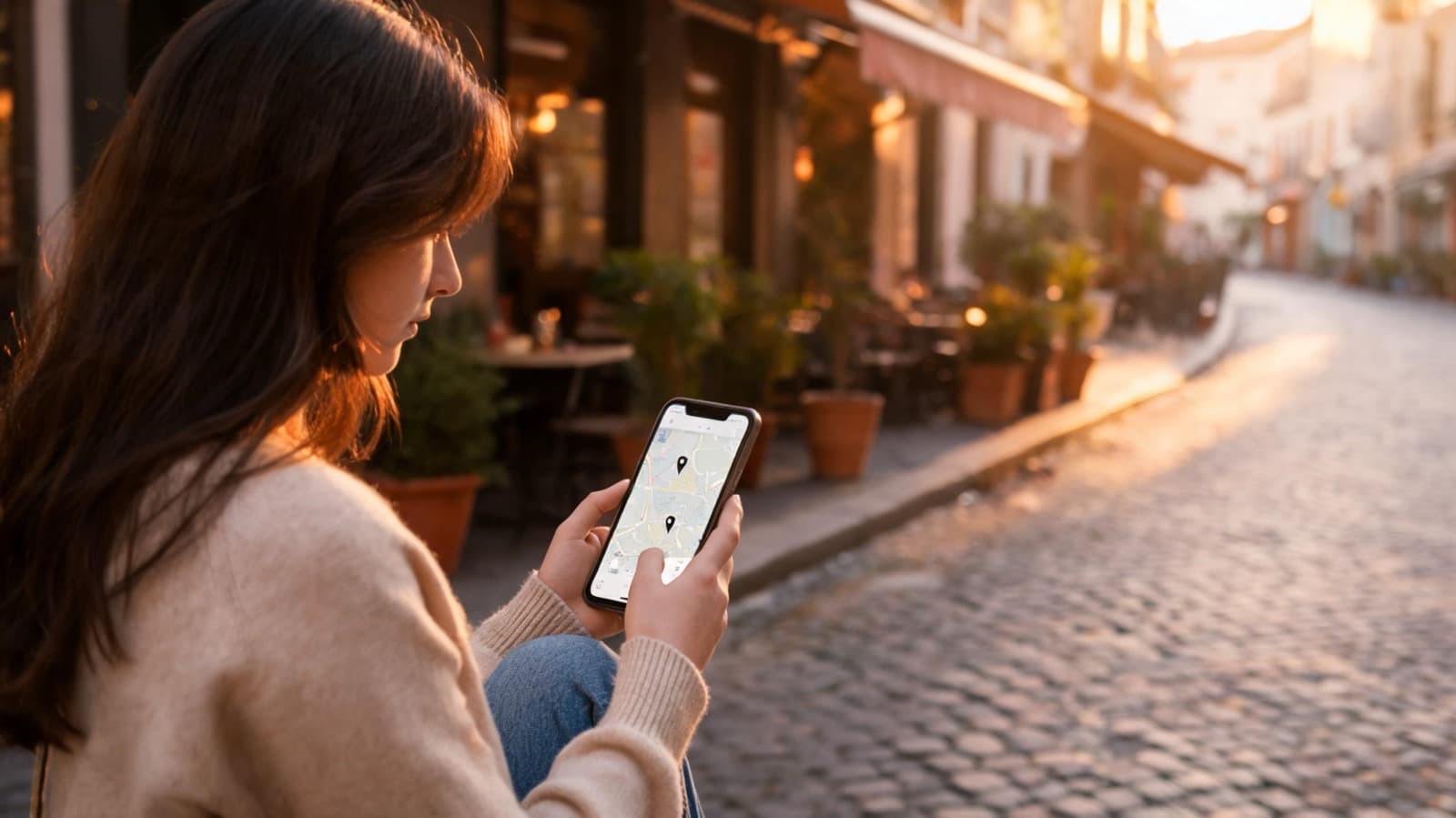 Woman on a sunlit cobbled street outside a café terrace looking at a phone showing a map with two pins