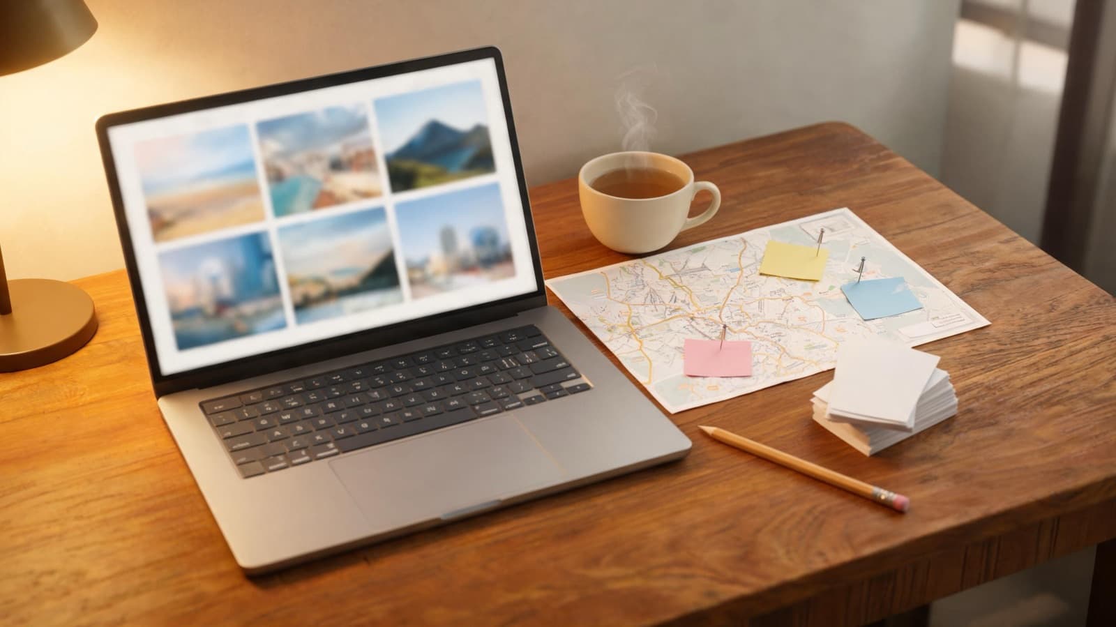 Laptop on a wooden desk showing a blurred grid of travel photos, beside a paper street map with pinned sticky notes, index cards, a pencil and a cup of tea