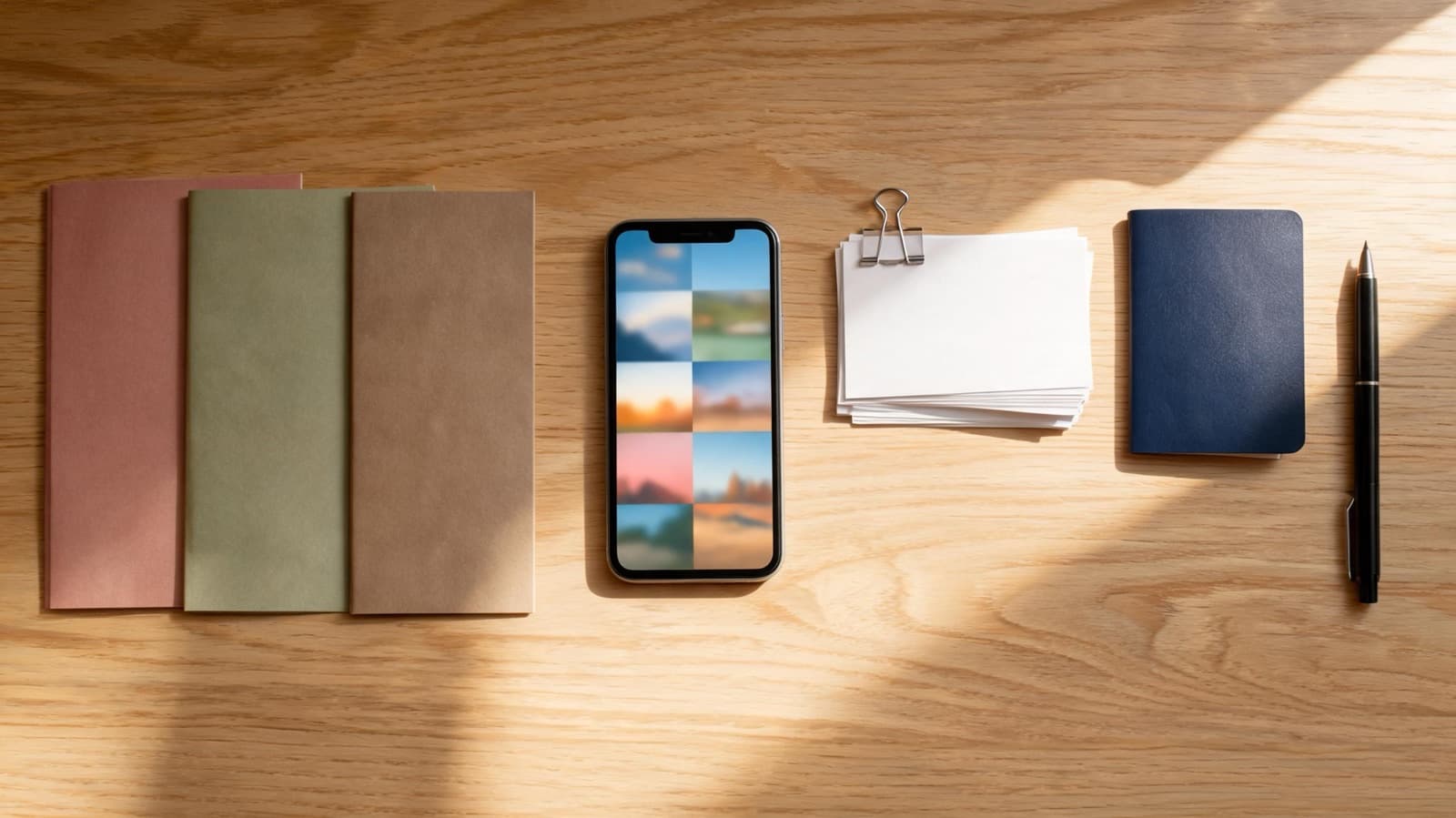 Top-down view of a wooden desk with three colored paper folders, a phone showing a blurred grid of travel thumbnails, blank index cards, a passport and a pen