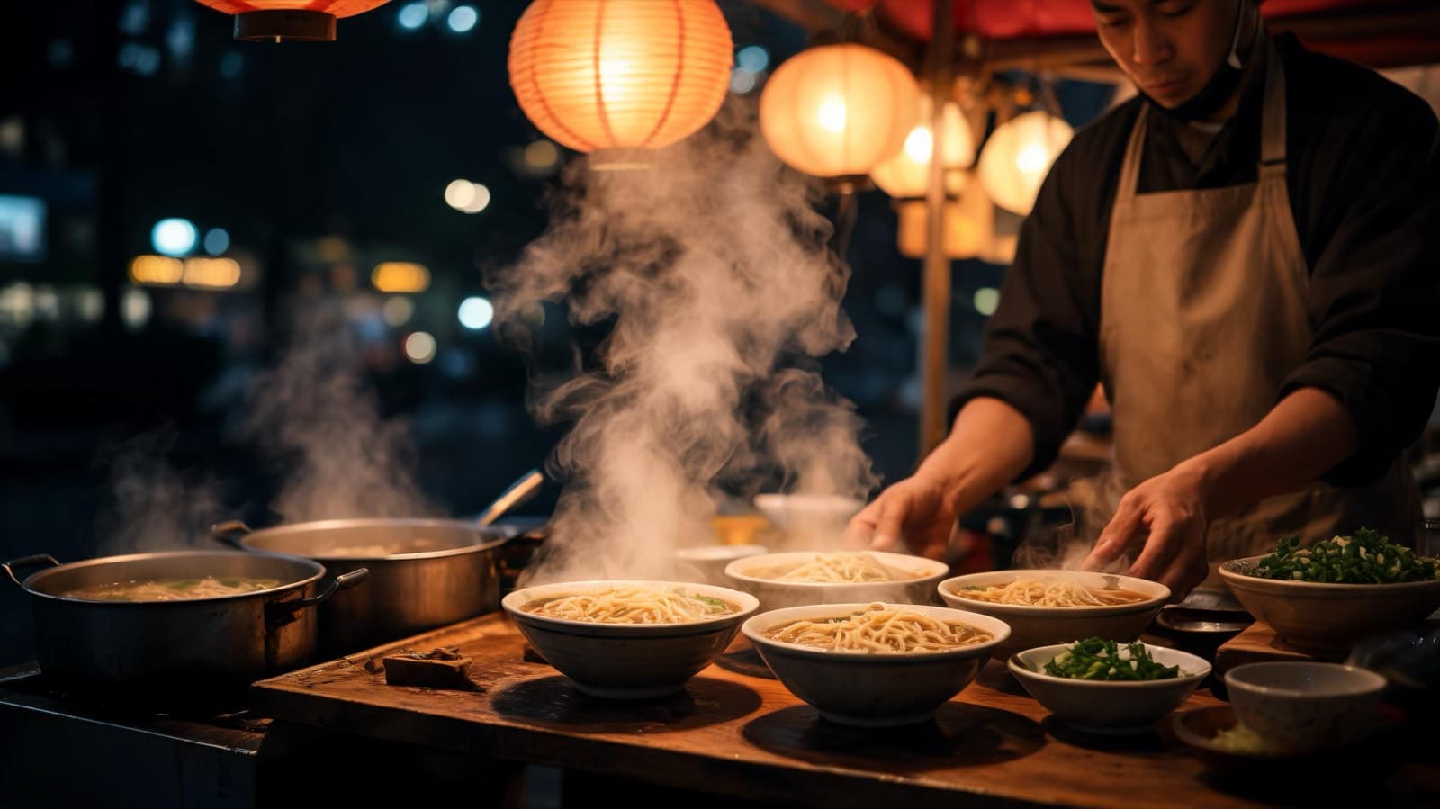 Steaming street food stall at night with bowls of noodles and warm lantern light