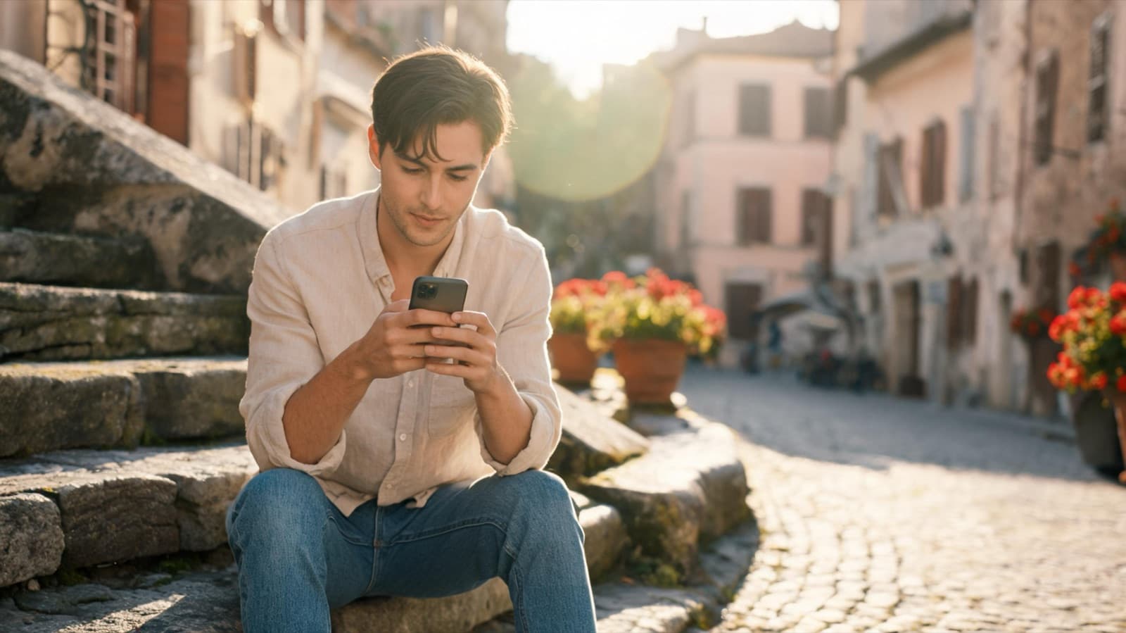 Young traveler on a sunny stone step in a European old town scrolling a phone, screen not visible