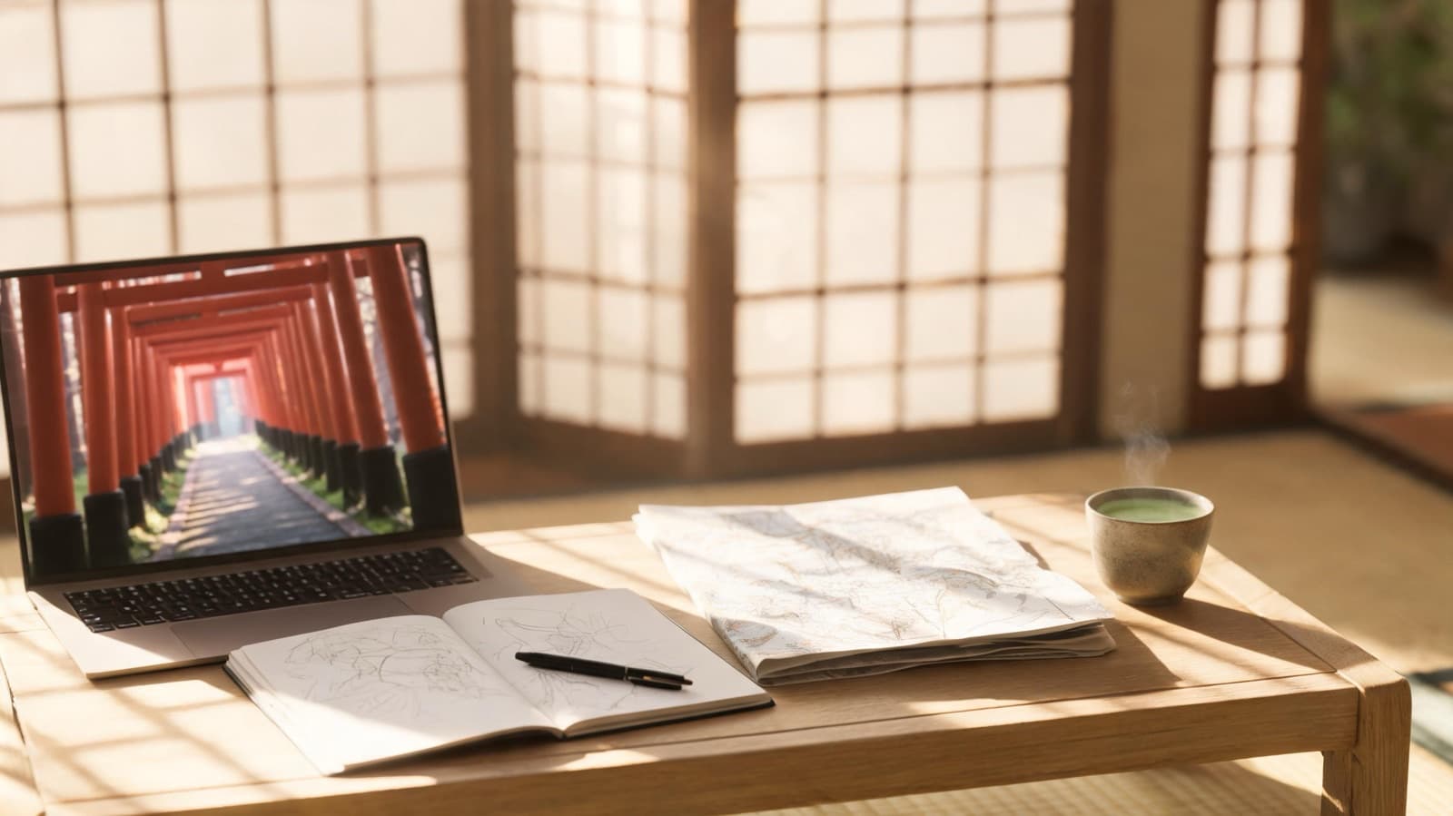 Low wooden table in a room with shoji screens, holding a laptop paused on a path of red torii gates, a sketchbook, a folded map and a cup of green tea