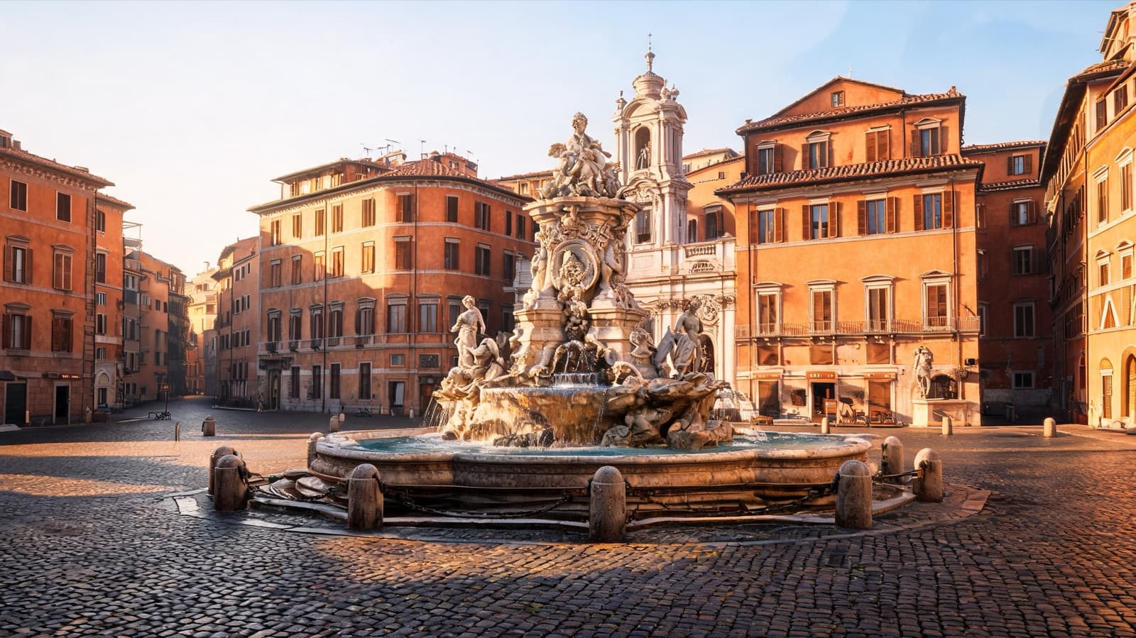 Quiet Roman piazza at early morning with a baroque fountain and terracotta buildings