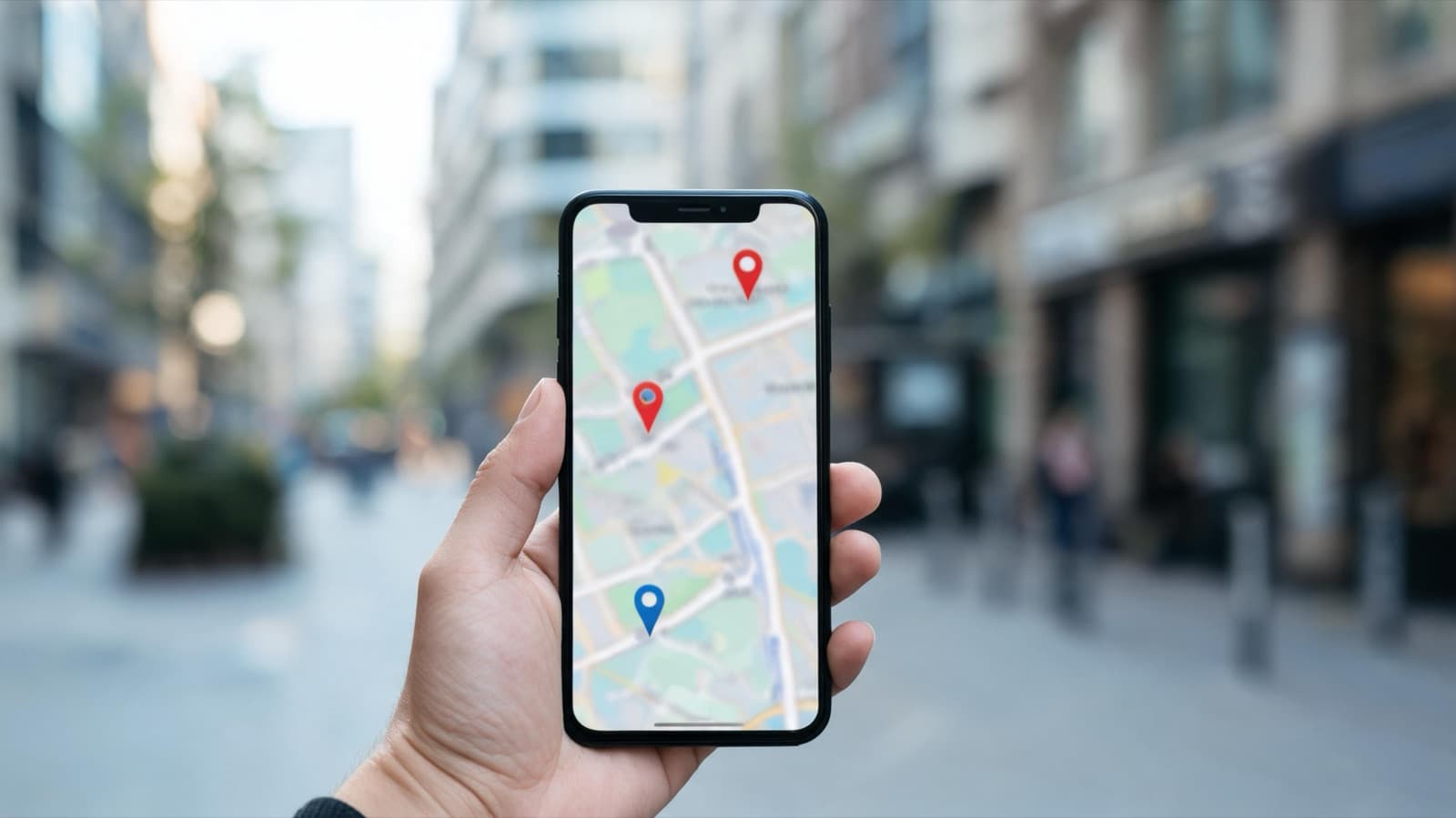 Hand holding a phone showing a map with several pins, a city street blurred behind