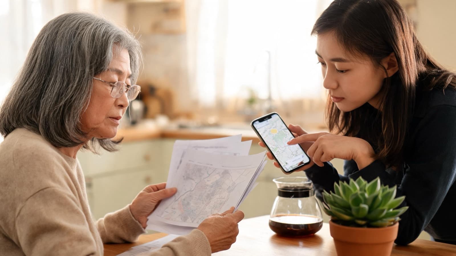 Older woman with glasses reading printed map pages at a kitchen table while a younger woman points at a map on her phone