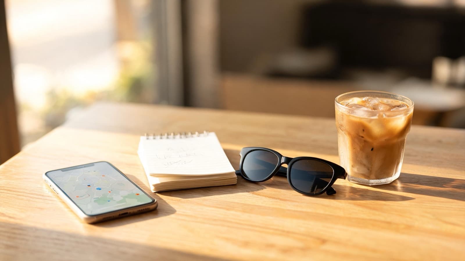 Smartphone showing a blurred map with colored dots on a sunlit wooden cafe table, next to a small spiral notebook, black sunglasses and an iced coffee