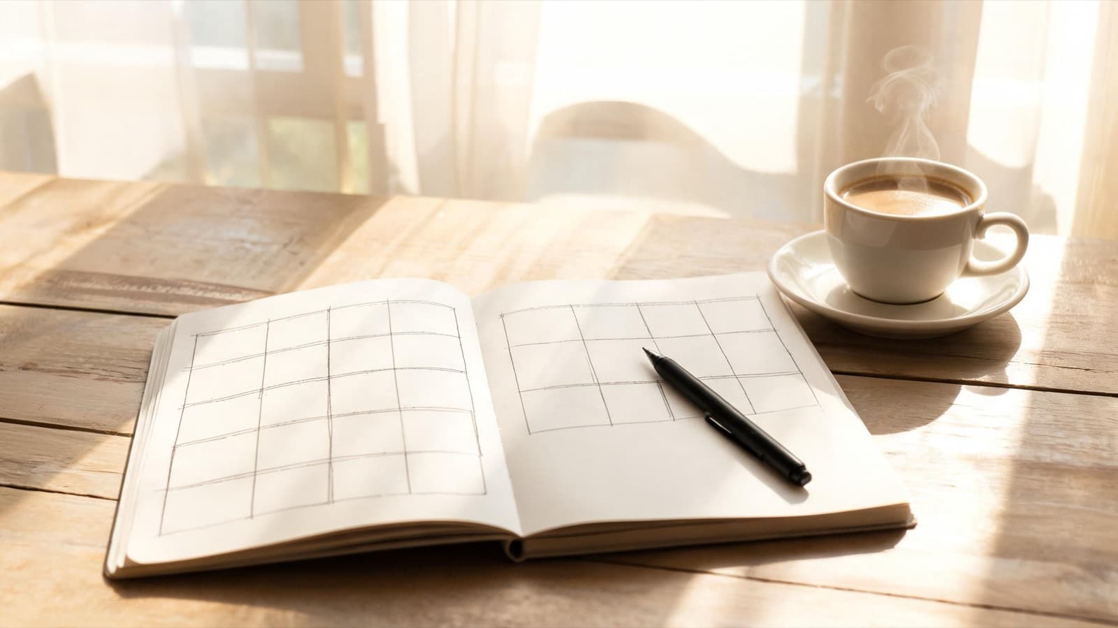 Open notebook with a hand-drawn day-by-day trip plan grid, a pen and a coffee cup