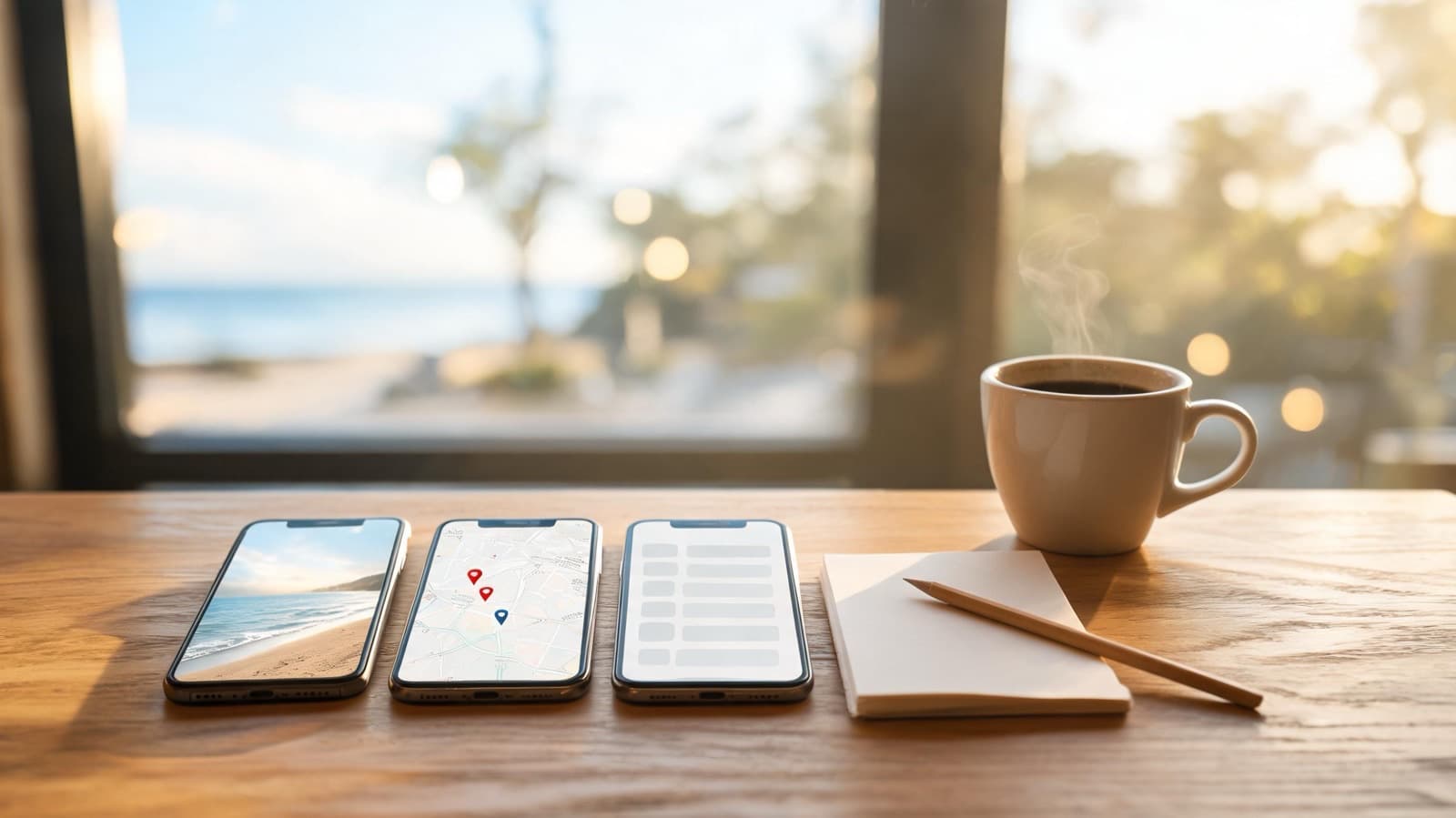 Three phones on a wooden cafe table showing a beach photo, a map with pins and a blank list, beside a notepad, a pencil and a coffee