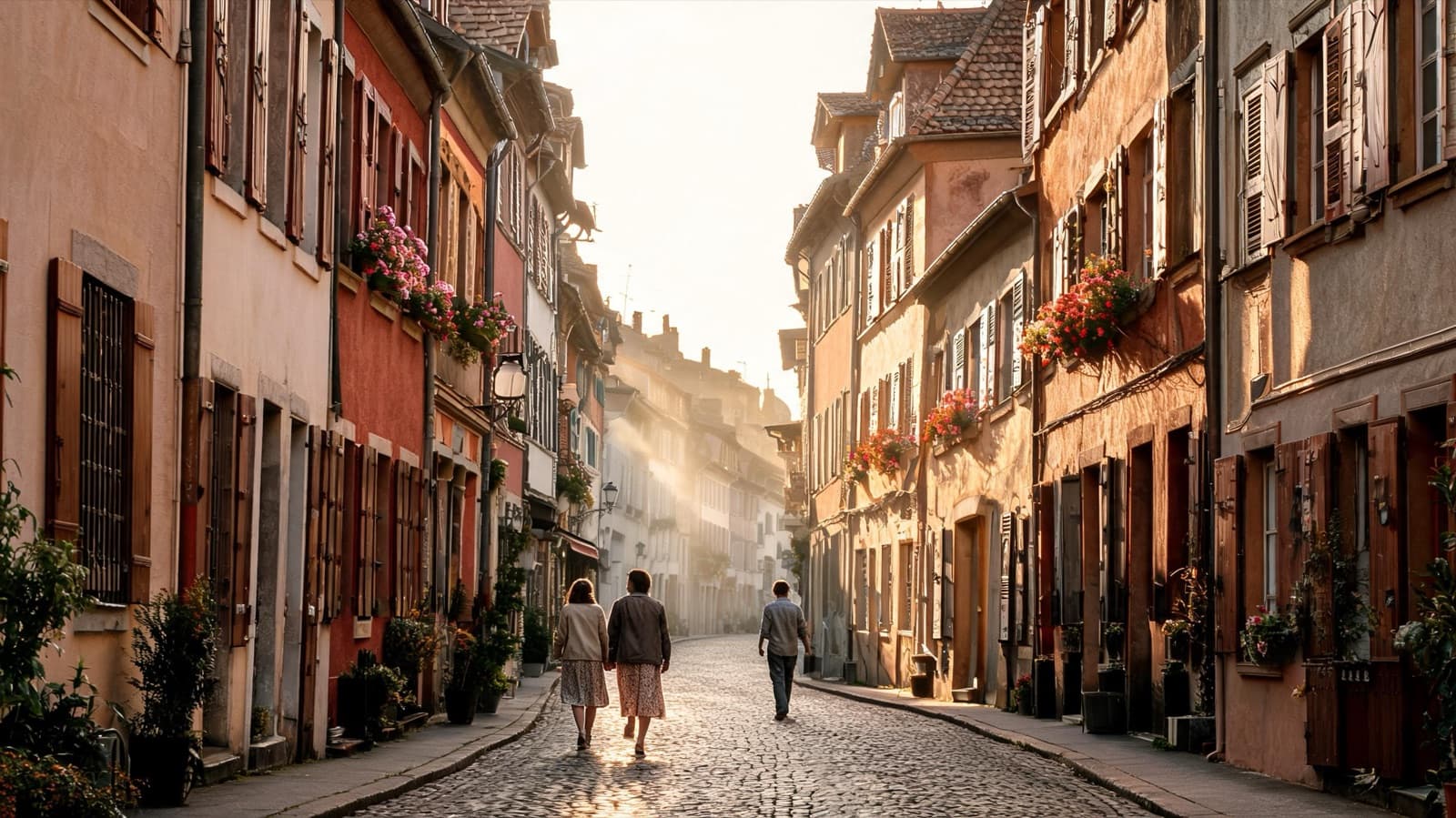 Narrow European street seen at eye level with a few pedestrians and morning light