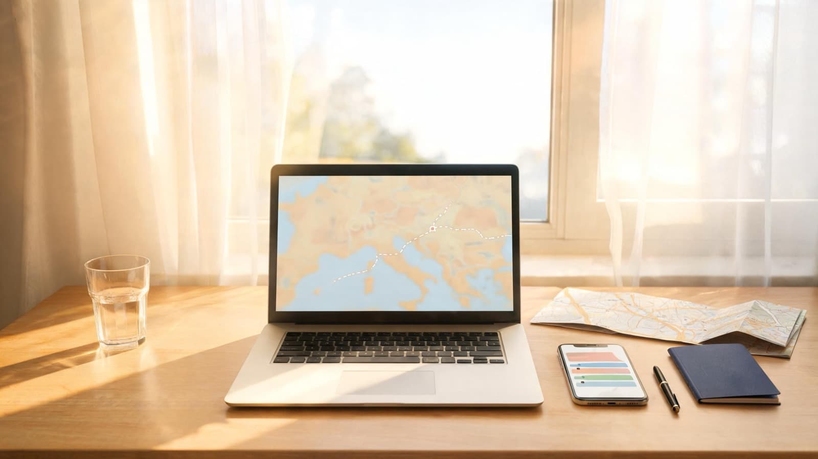 Laptop showing a blurred map with a dotted route on a sunny desk, beside a phone with colored blocks, a folded map, a passport, a pen and a glass of water