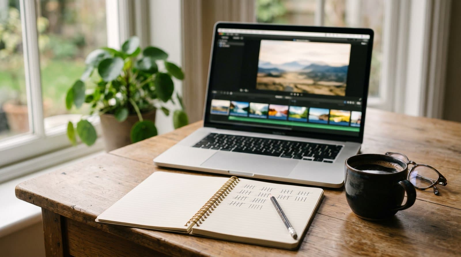 Laptop on a wooden desk showing a blurred video timeline, next to an open notebook with pencil tally marks, a mug of coffee and reading glasses in warm morning light