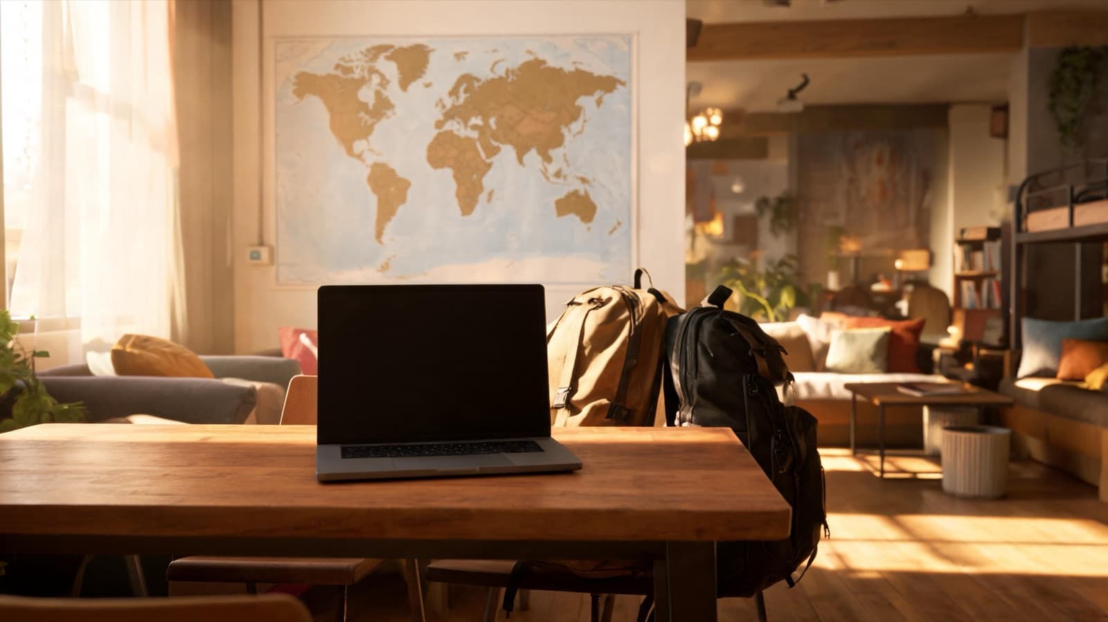 Laptop on a hostel common room table next to a world map poster and backpacks in warm light