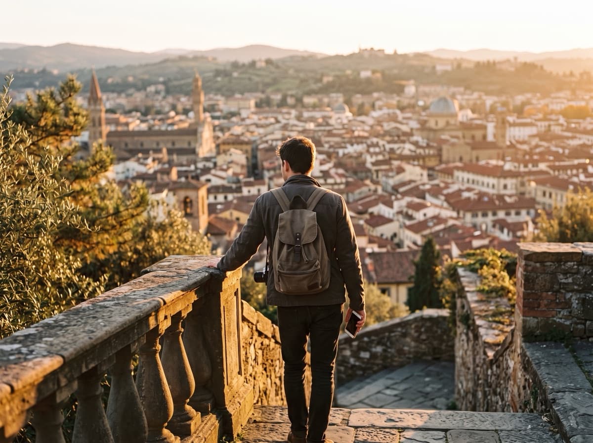 A traveler at a hilltop viewpoint over an old city at golden hour