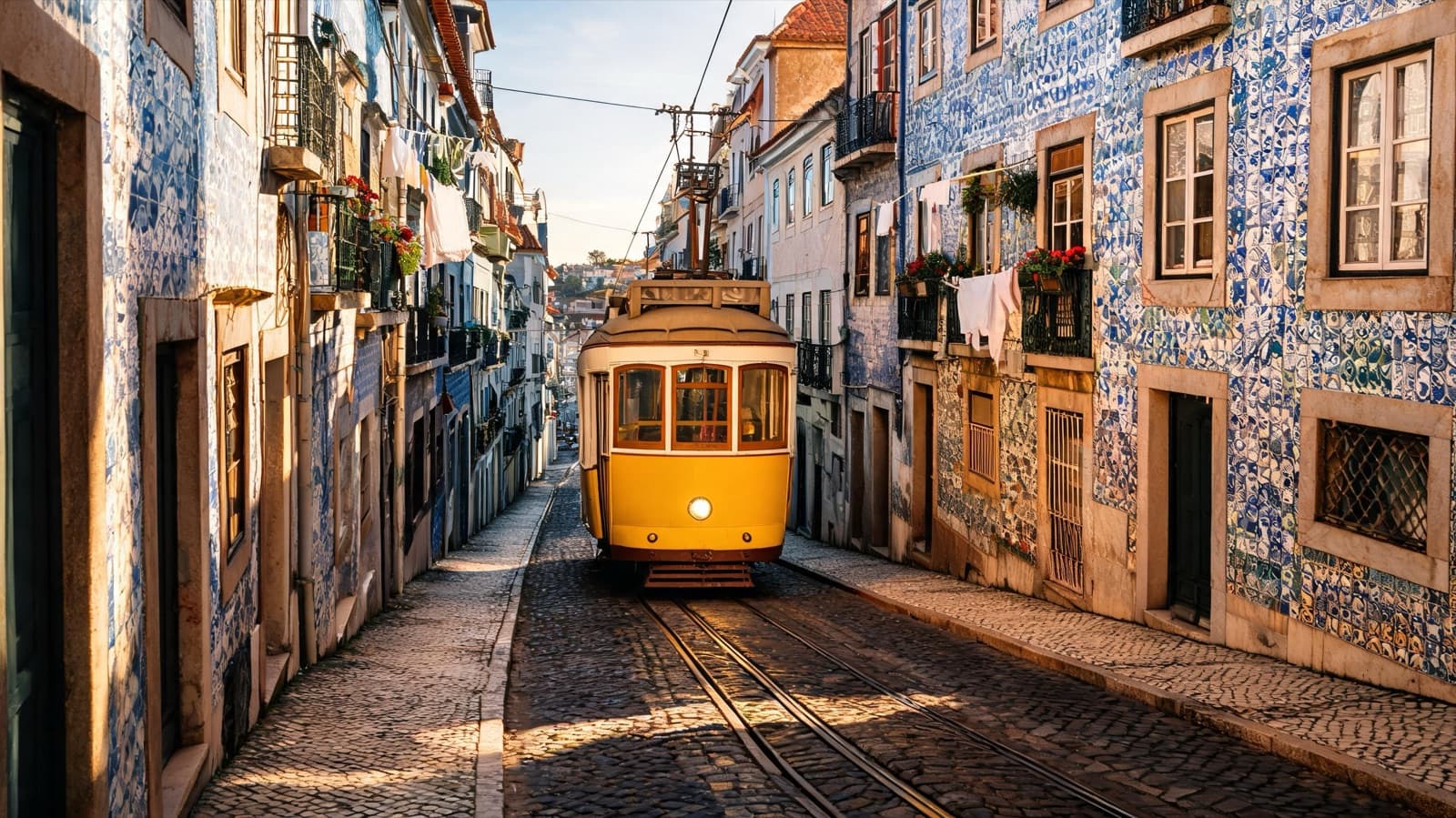 Yellow Lisbon tram climbing a narrow Alfama street with tiled facades in warm late-afternoon light