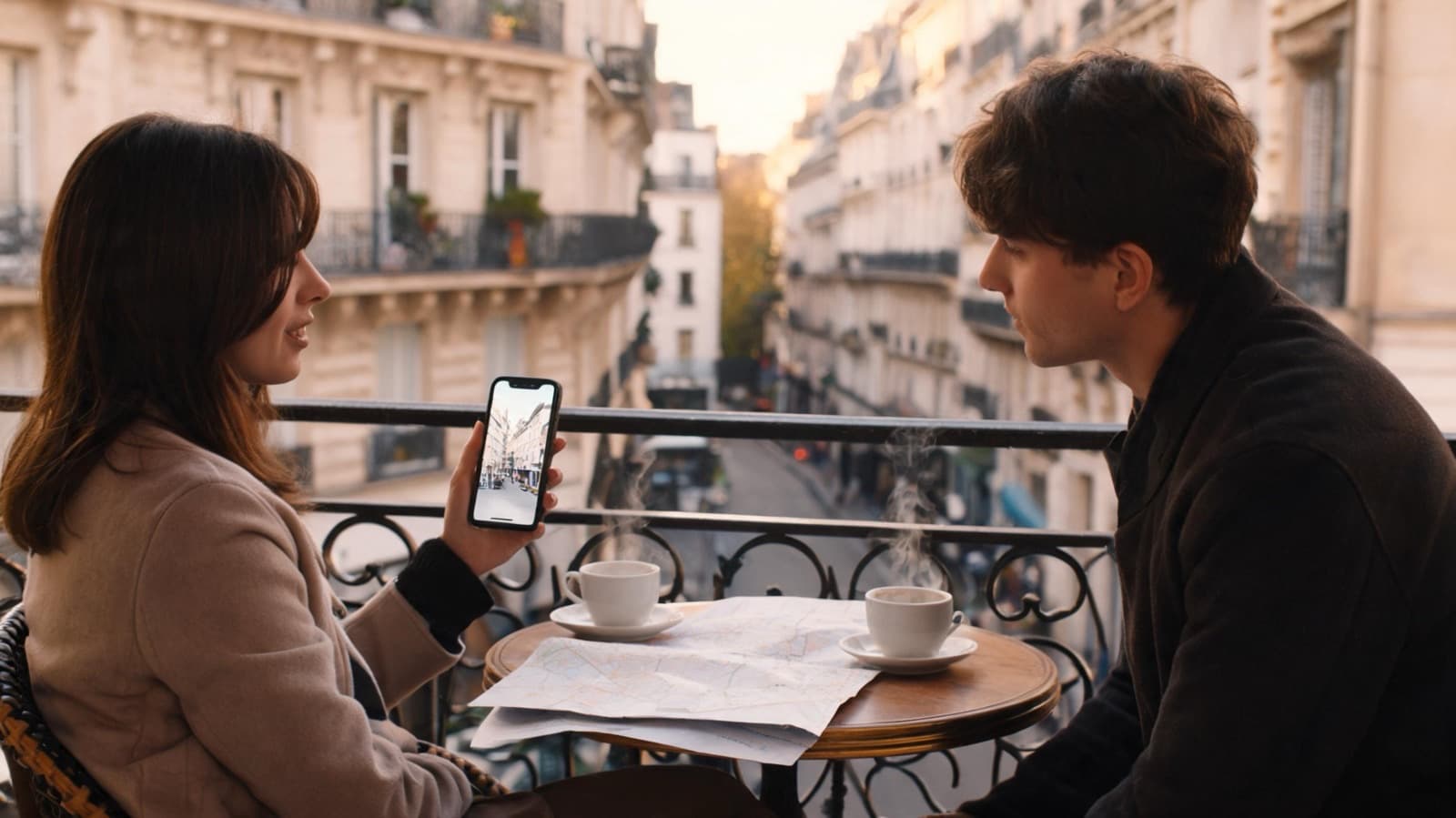 Couple at a small café table on a Paris balcony with coffee and a paper map, one holding a phone showing a street scene