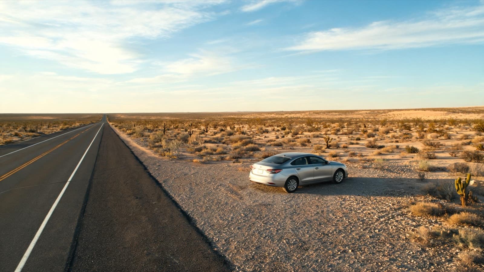 Open desert highway stretching to the horizon with a car parked at a scenic pullout