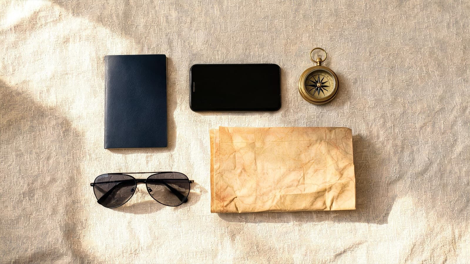 Flat lay of a passport, phone, compass, sunglasses and a folded map on a linen surface in soft natural light