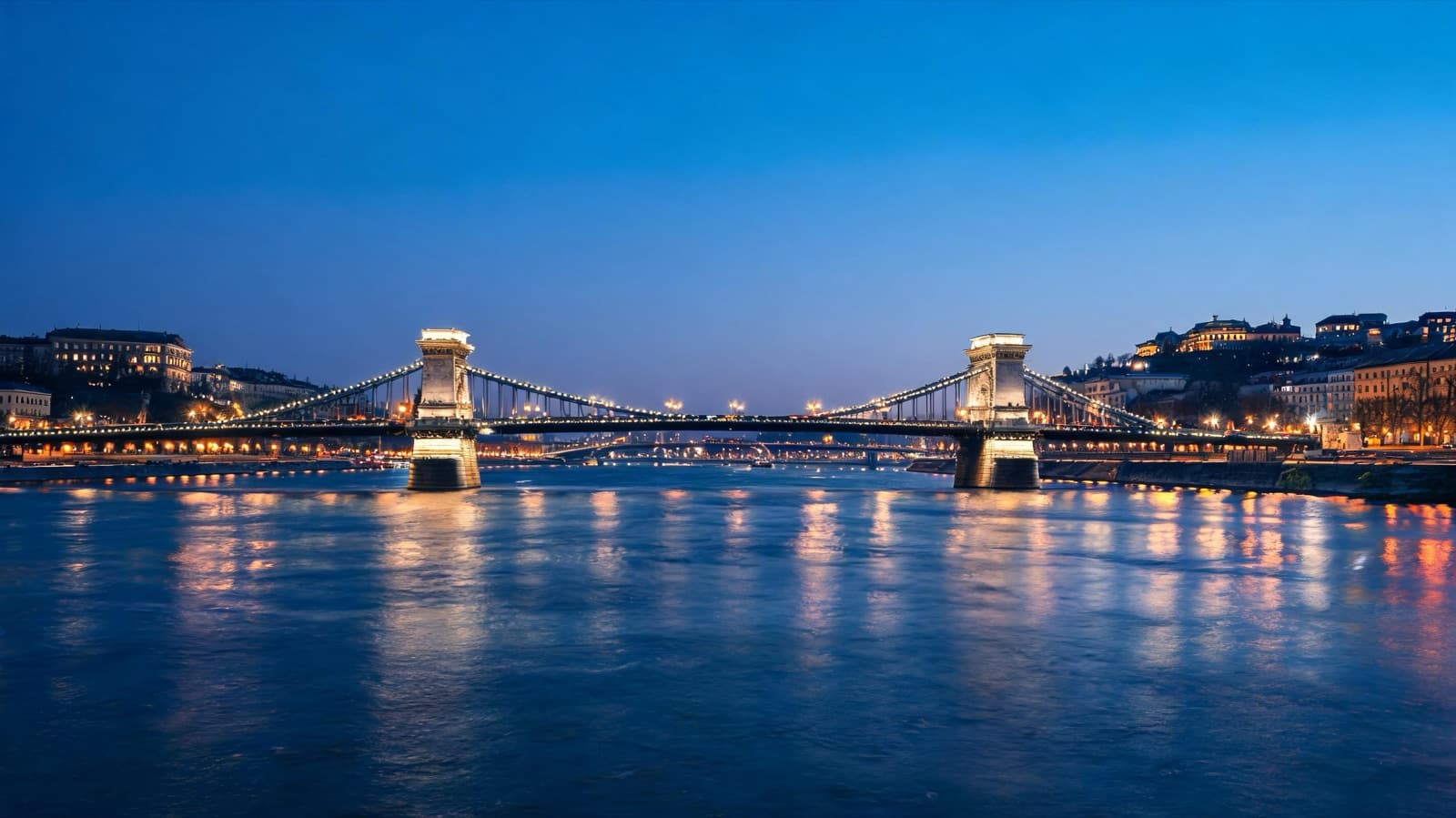 Budapest Chain Bridge over the Danube at blue hour with city lights reflecting on the water