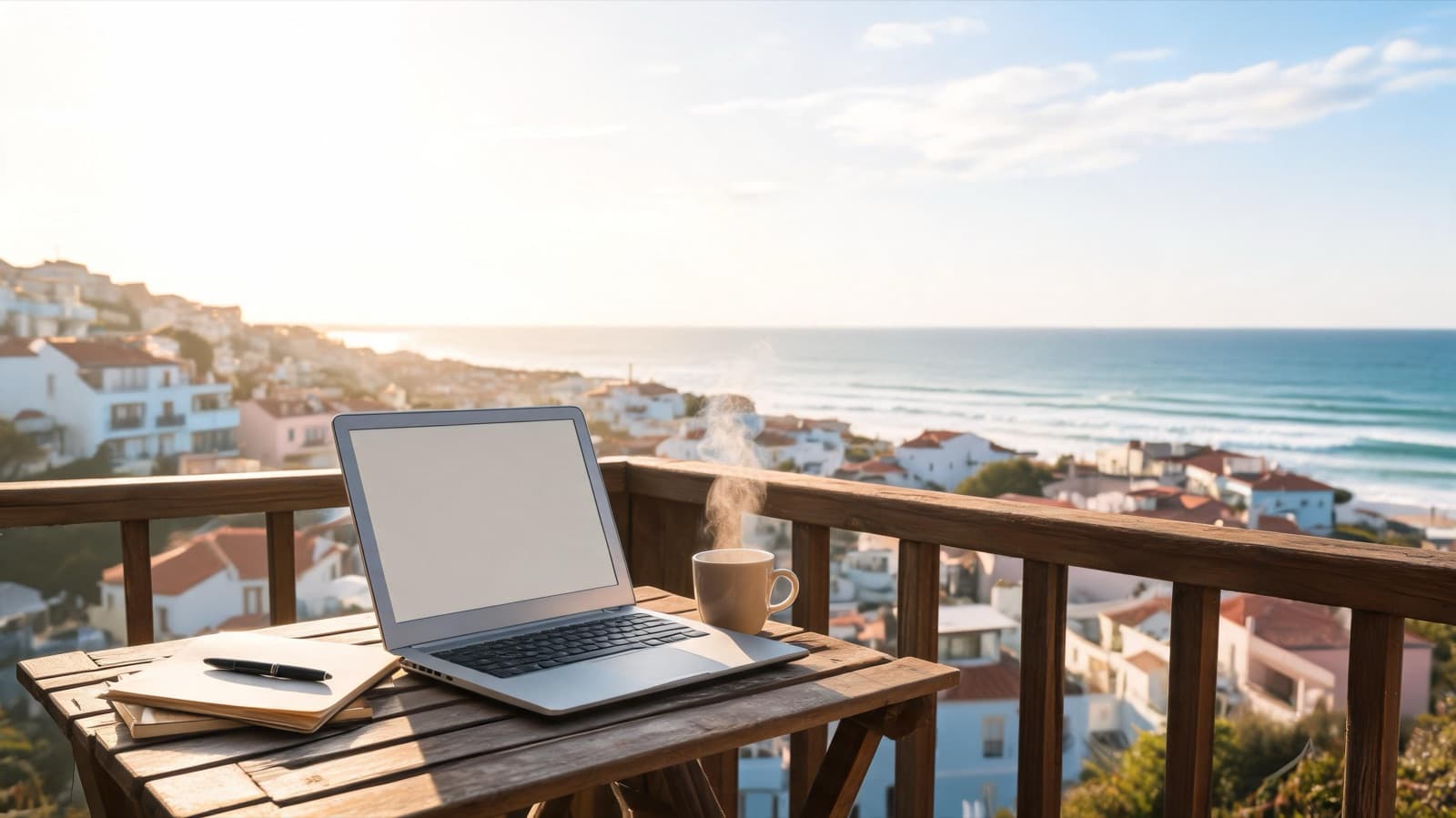 Open laptop on a balcony table overlooking a coastal town, with a notebook and coffee in morning light