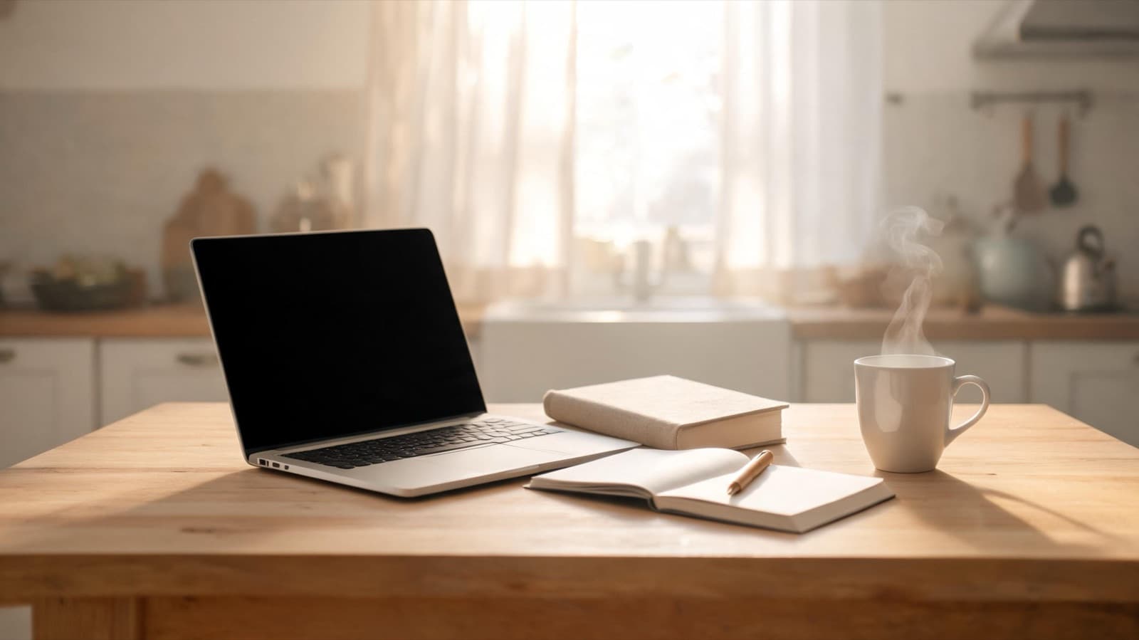 Open laptop and a paper notebook on a kitchen table with a mug and a guidebook in early morning light
