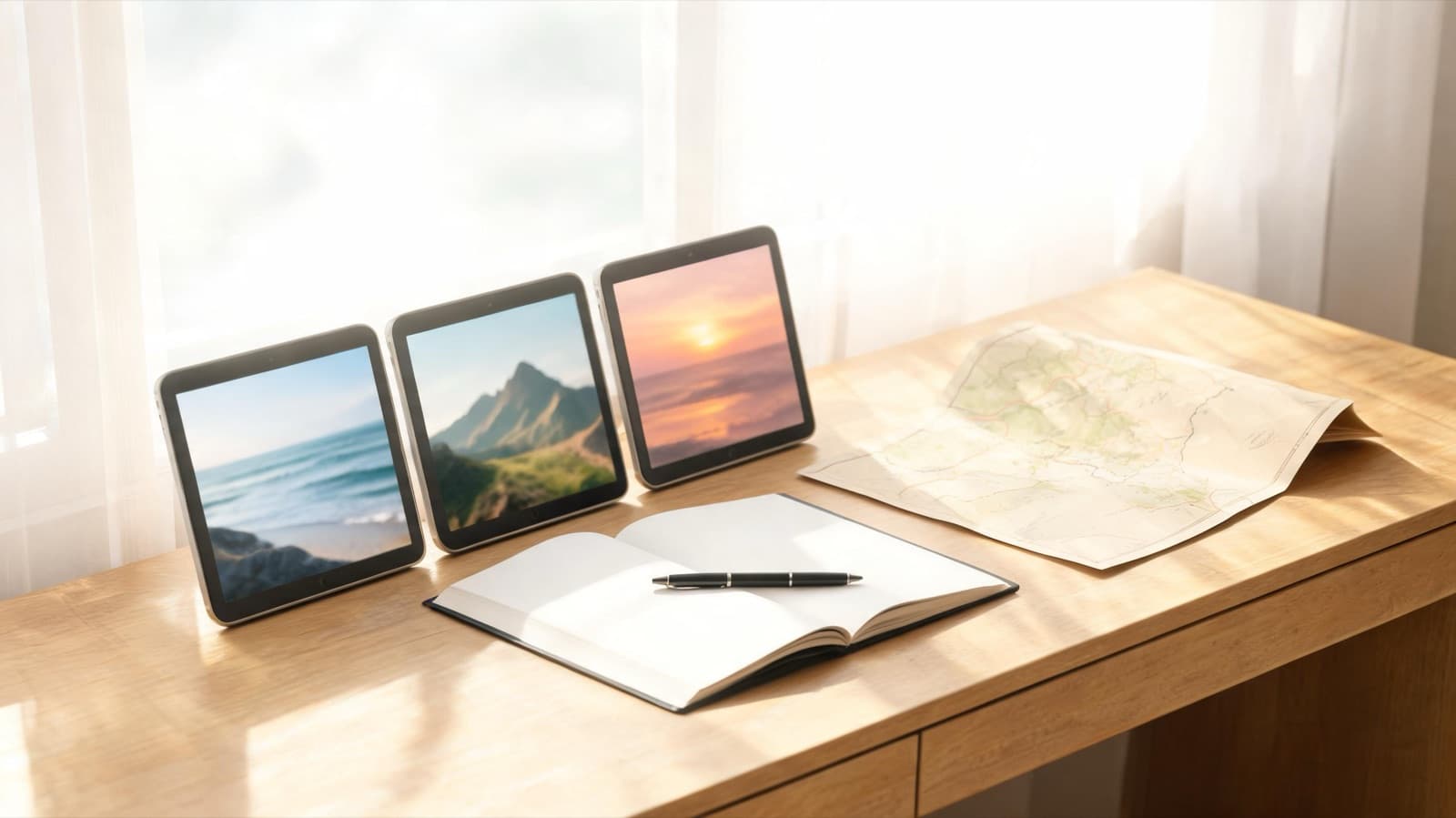 Several small screens on a desk showing abstract travel scenes beside a notebook and a map