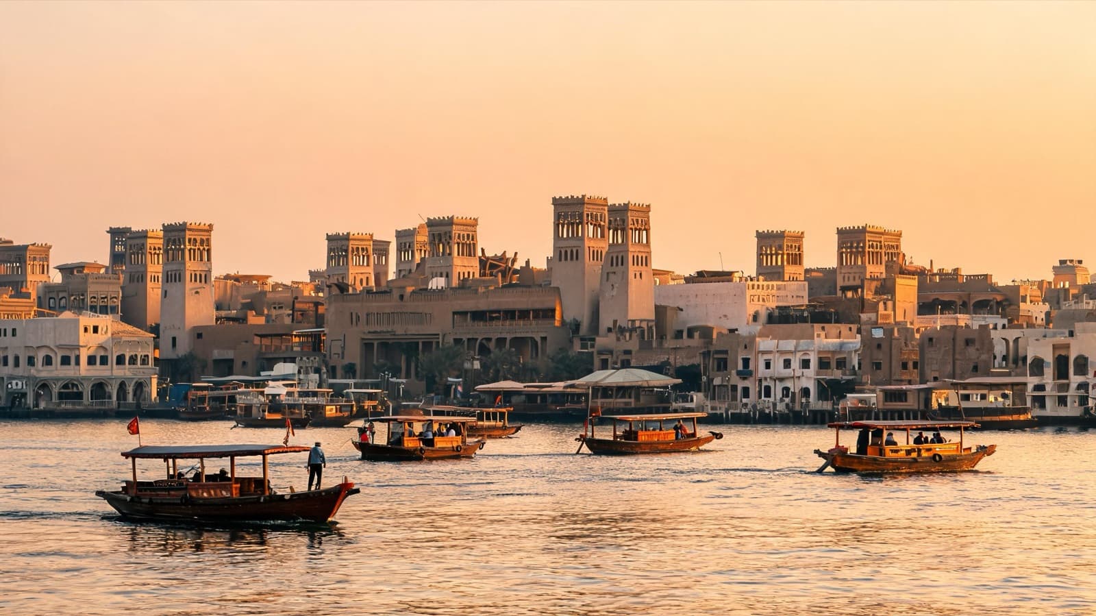 Dubai Creek with traditional abra boats and old wind towers in warm evening light