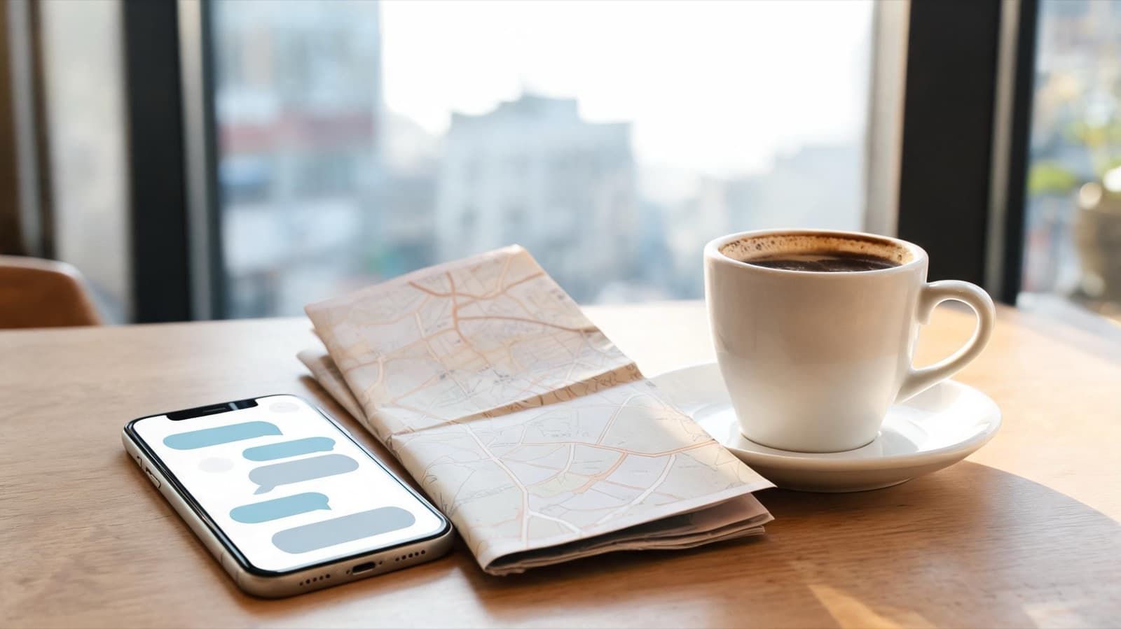 Phone on a cafe table showing an abstract chat interface beside a city map and coffee, no readable text