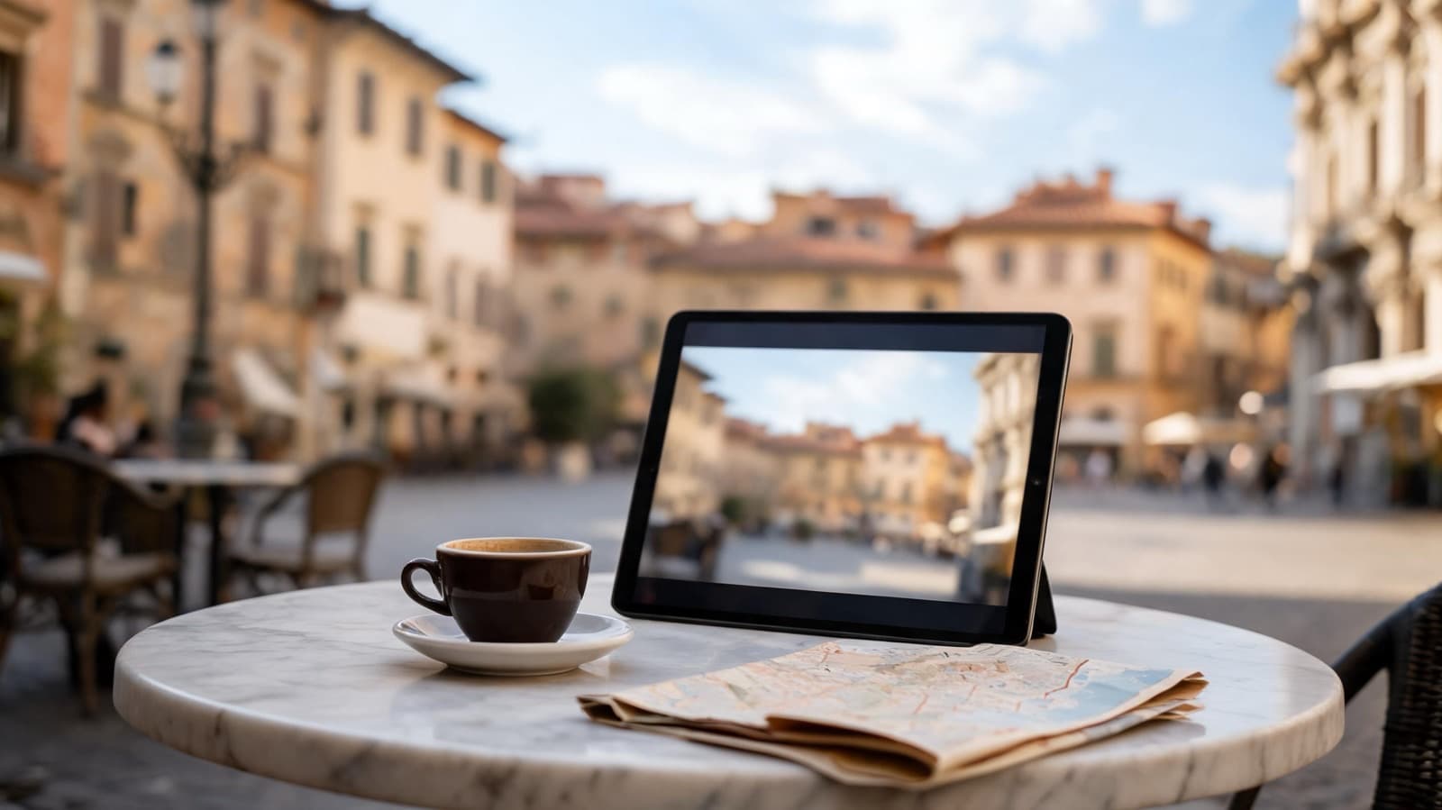 Tablet on a marble cafe table in a sunny Italian piazza showing a blurred square, beside an espresso cup and a folded paper map