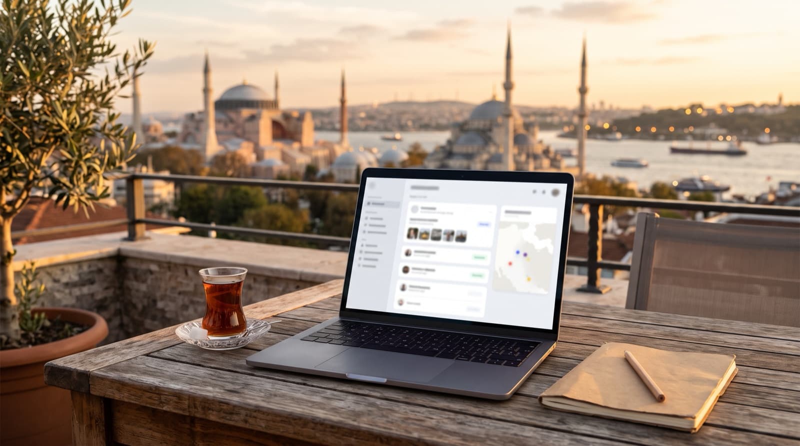 Laptop on a weathered wooden rooftop table at golden hour, its screen showing a blurred page of cards and a small map, beside a glass of Turkish tea, with Istanbul's domes and the Bosphorus behind