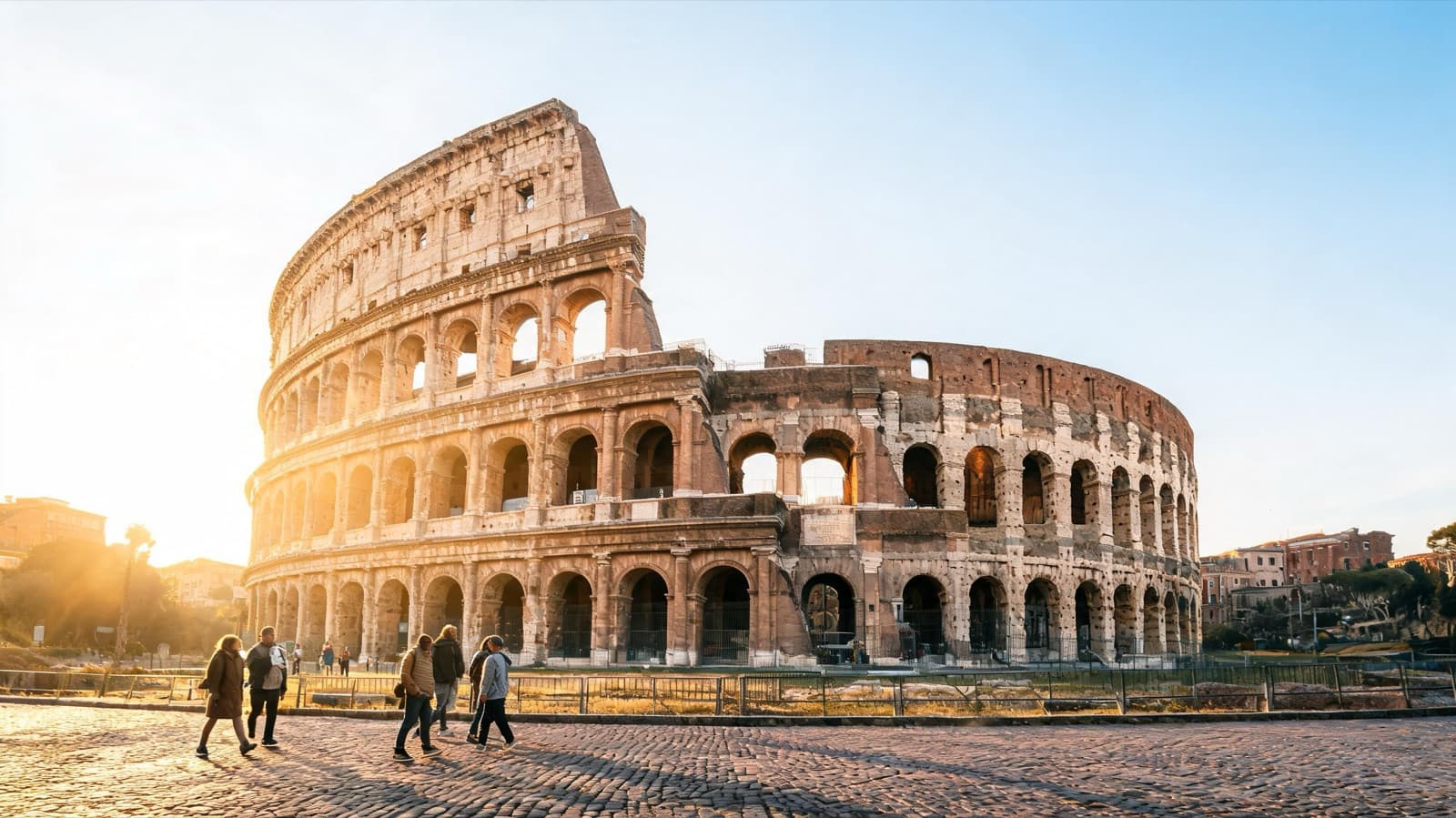 Colosseum in Rome in soft morning light with a few early visitors